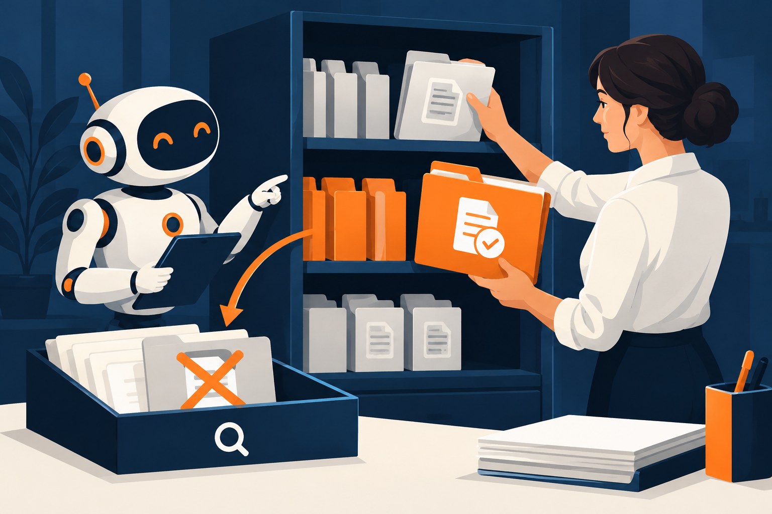 A content owner replacing an outdated policy folder while checking removal from an AI assistant search-card tray