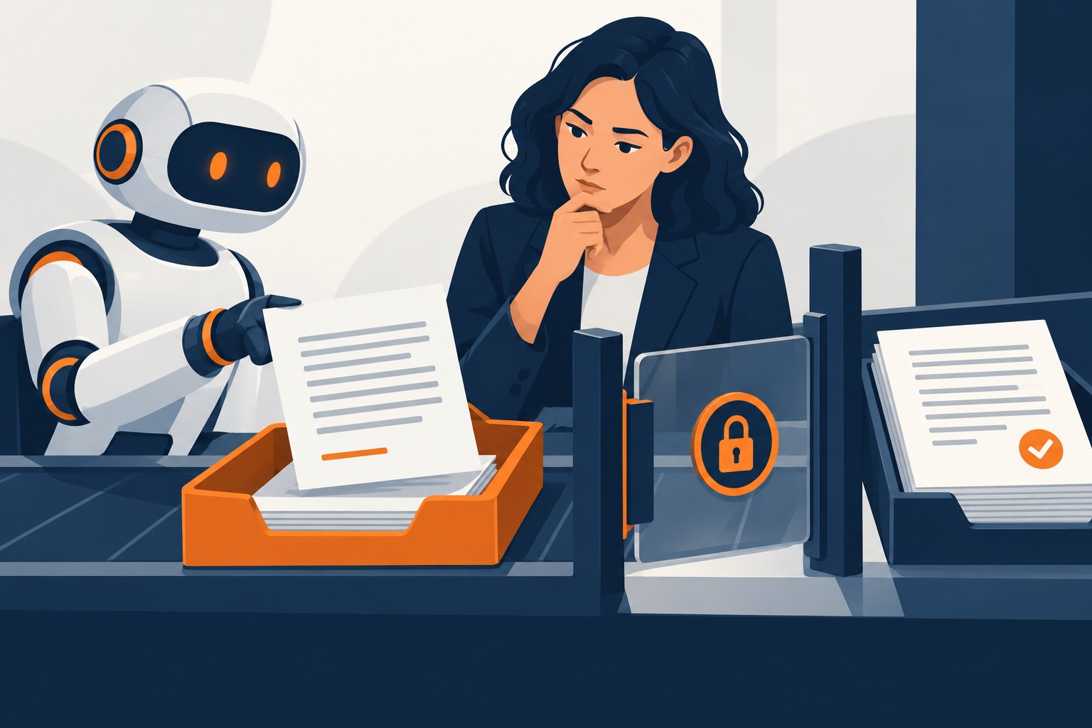 An incomplete robot-generated document held before an approval gate beside a separate complete document awaiting validation