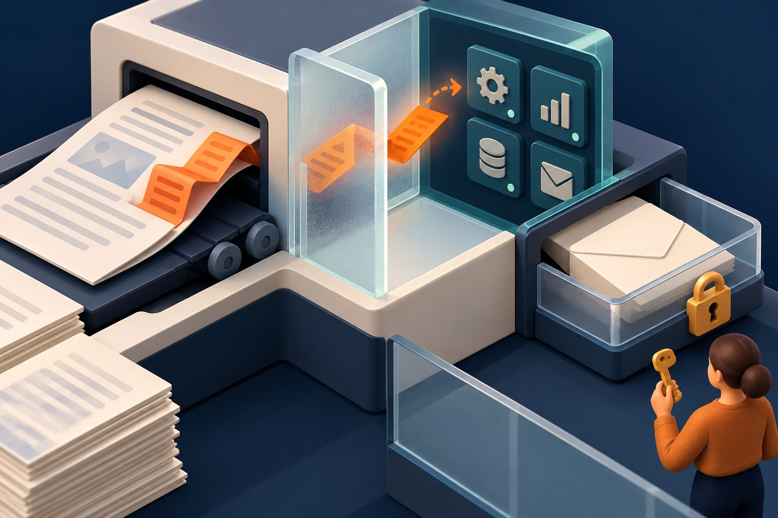 Concept illustration of a document instruction strip approaching a protected tool boundary while a human controls an outgoing-message approval key