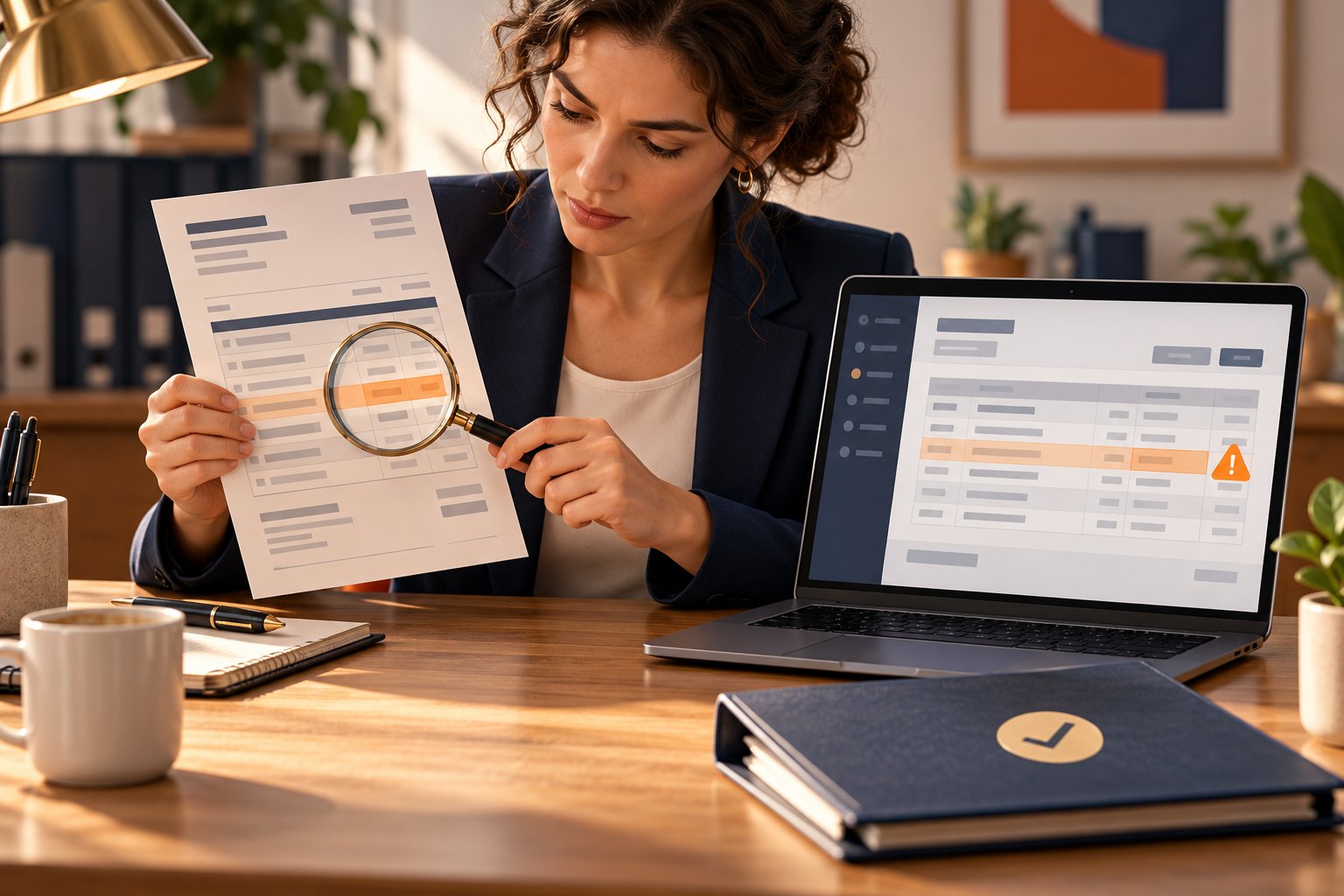Concept illustration of a finance reviewer comparing an invoice with highlighted extracted fields