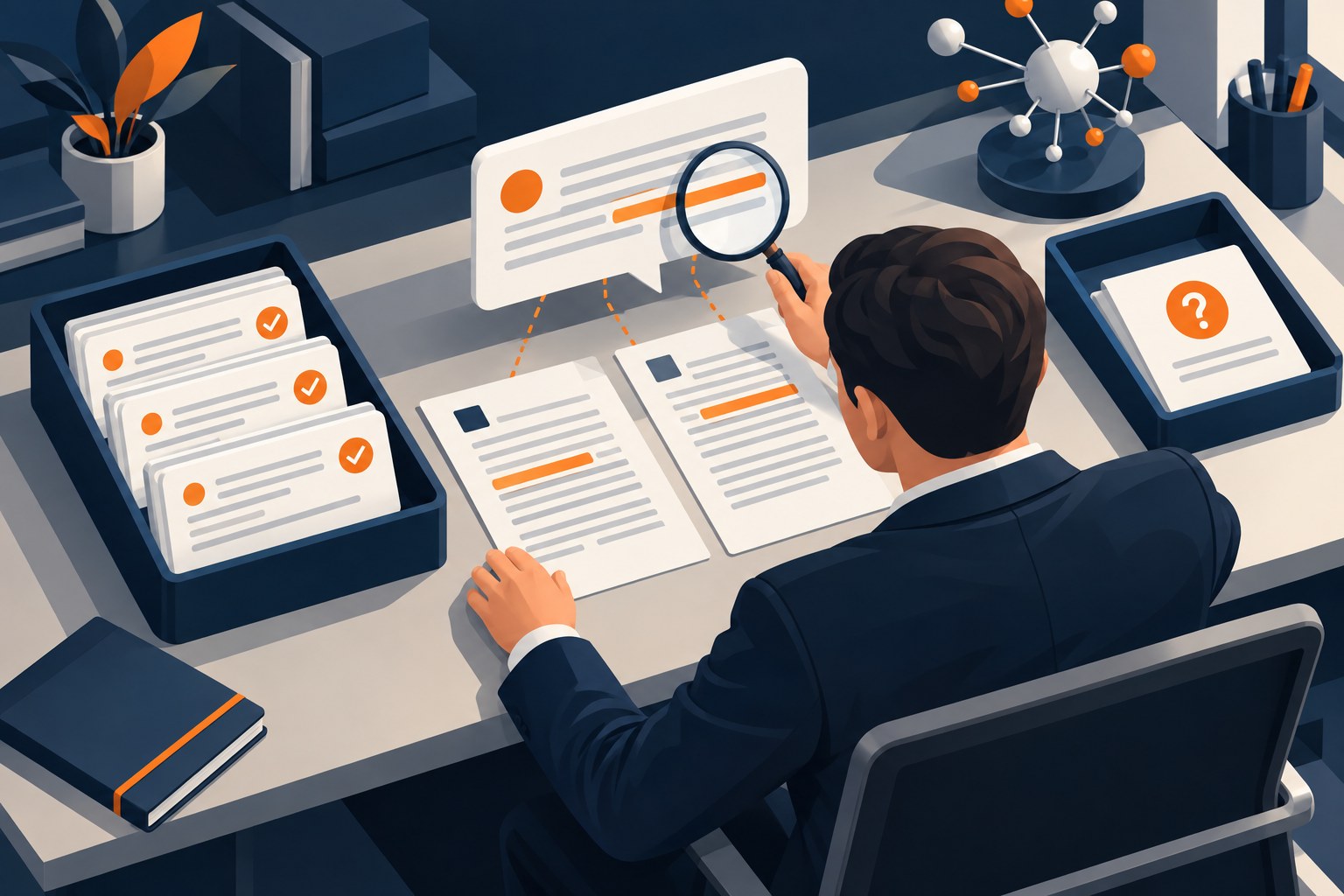 Concept illustration of a business reviewer comparing an AI answer card with approved source documents and separating unsupported answers for review