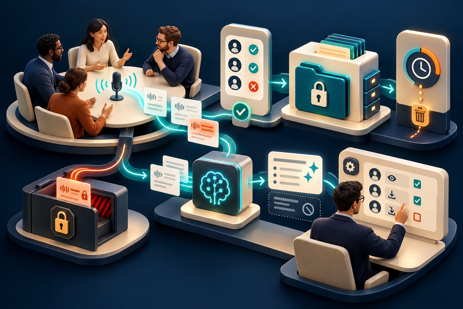 Concept illustration of meeting speech moving through consent, restricted storage, retention and controlled AI summary checks