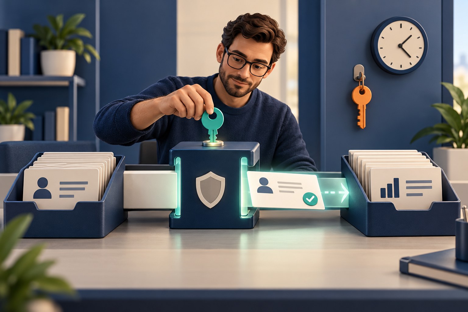 Concept illustration of an engineer testing a replacement key between customer and accounting records while the old key awaits retirement
