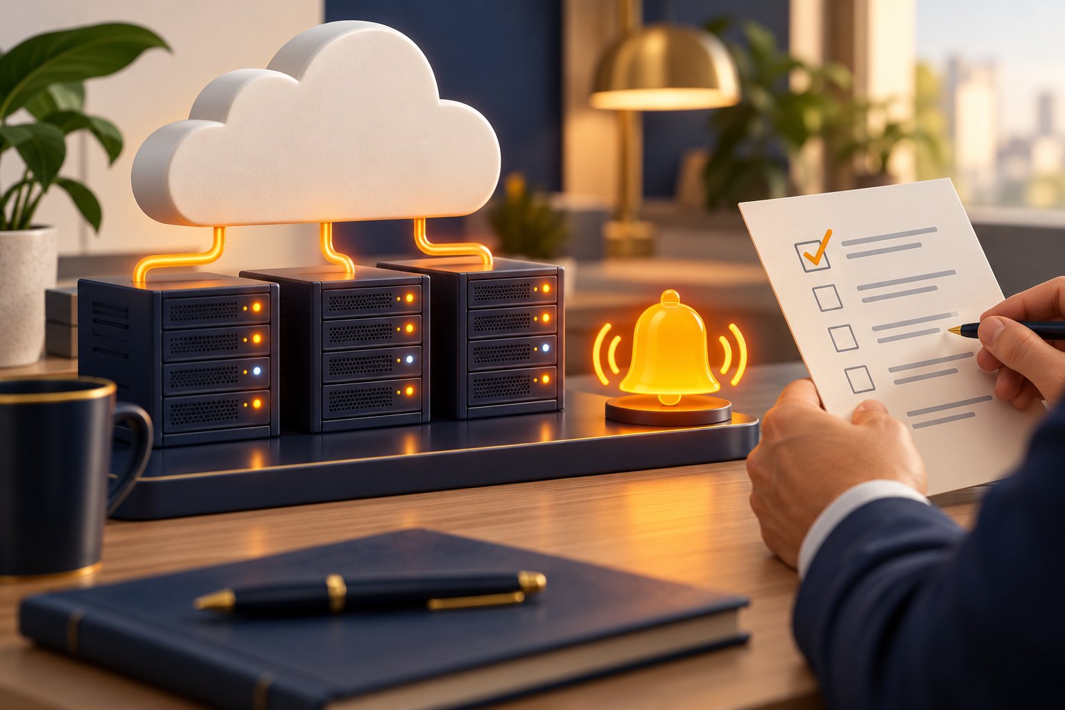 Concept illustration of an amber spending alert beside cloud servers that remain running