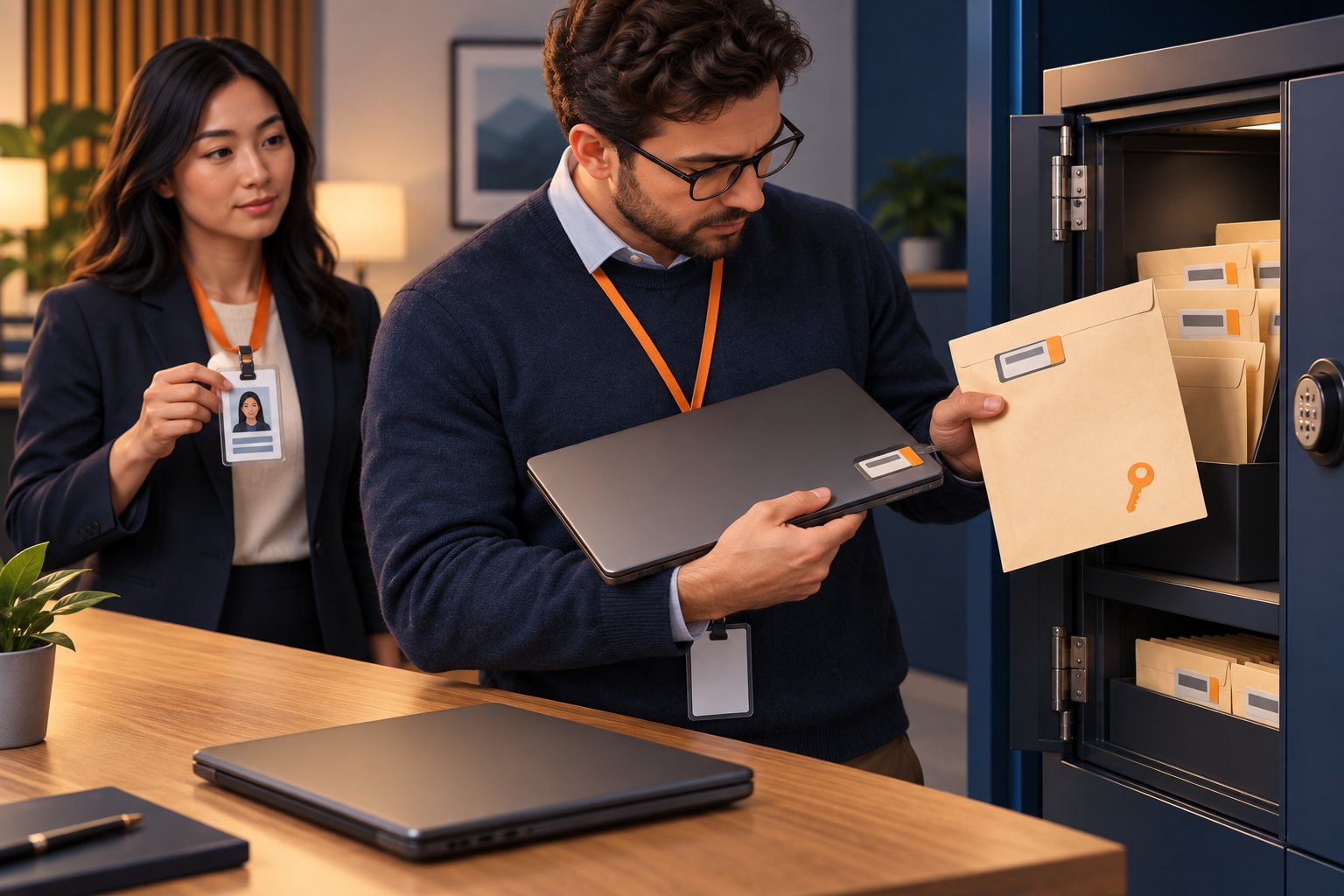 Concept illustration of a helpdesk professional matching a laptop tag to a secured recovery envelope while verifying an employee identity