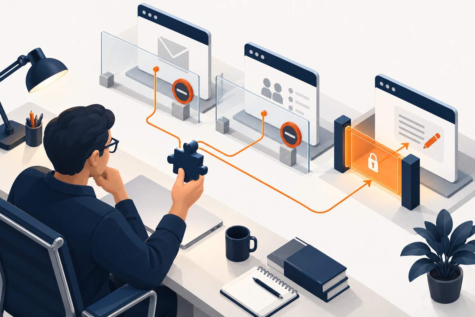 Concept illustration of an IT reviewer restricting a puzzle-piece browser add-on to one permitted page while protecting mailbox and customer-record cards