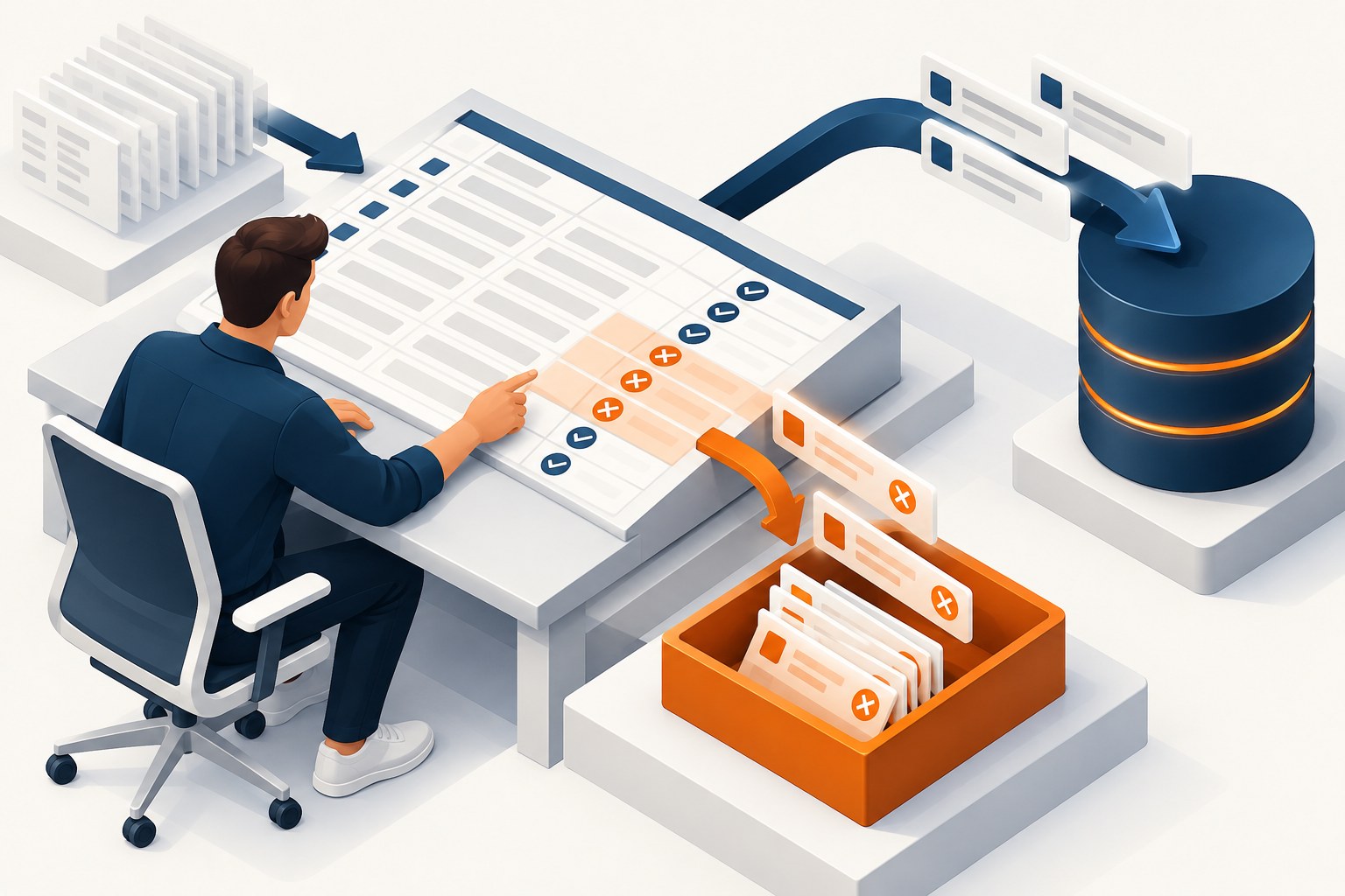 Concept illustration of an analyst separating invalid spreadsheet rows into an exception tray before approved records enter a database