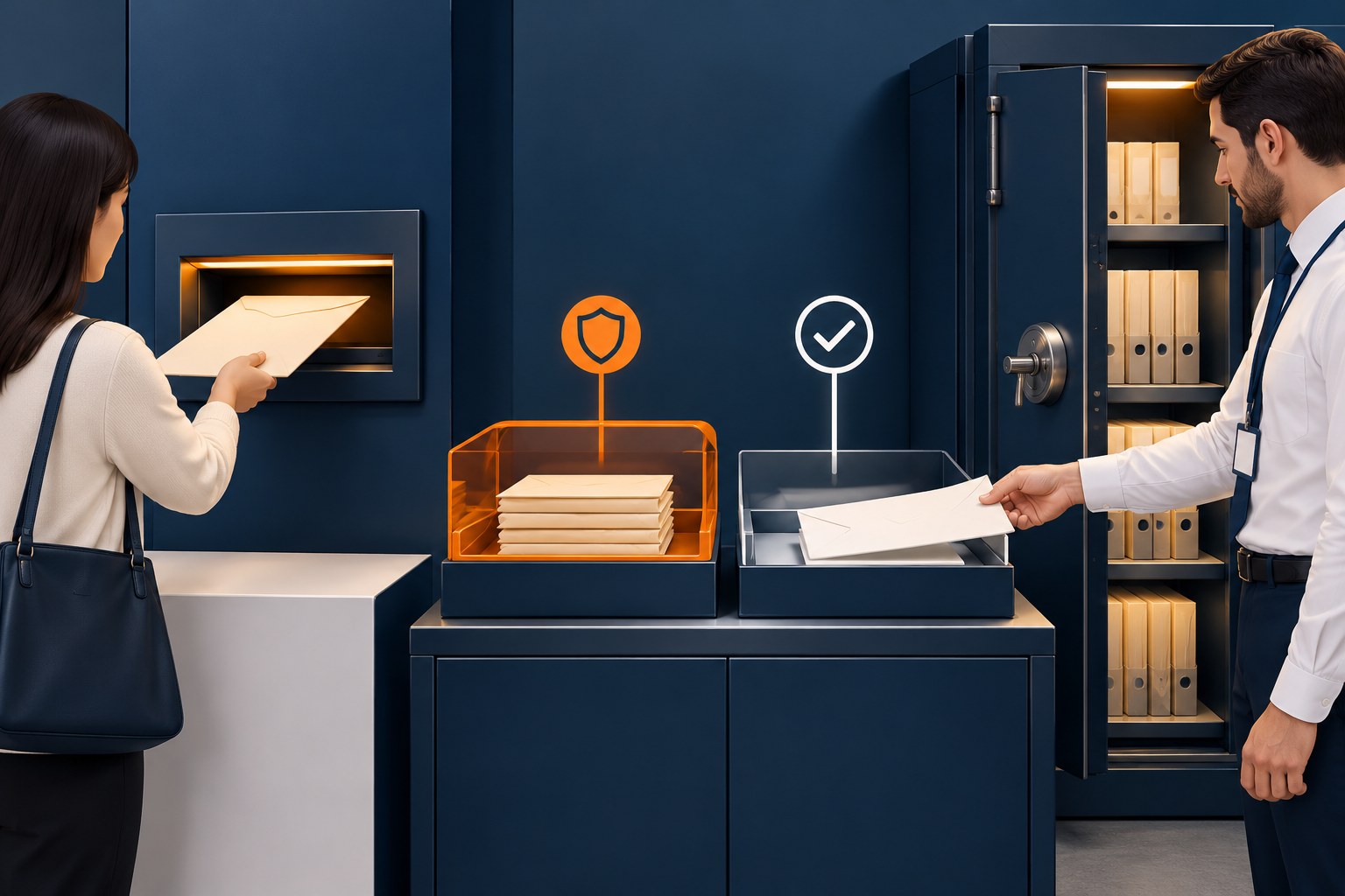 A website document intake hatch with a separate inspection tray and locked private storage for authorised staff
