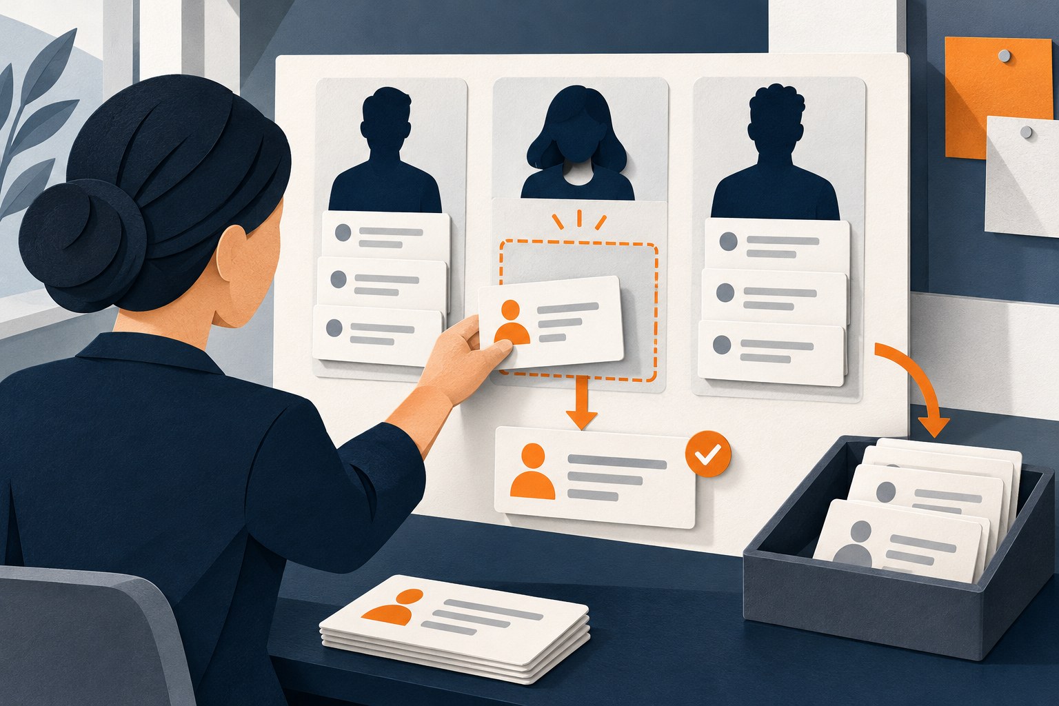 Concept illustration of a coordinator routing enquiry cards to salesperson owners while unmatched cards wait in a separate exception tray