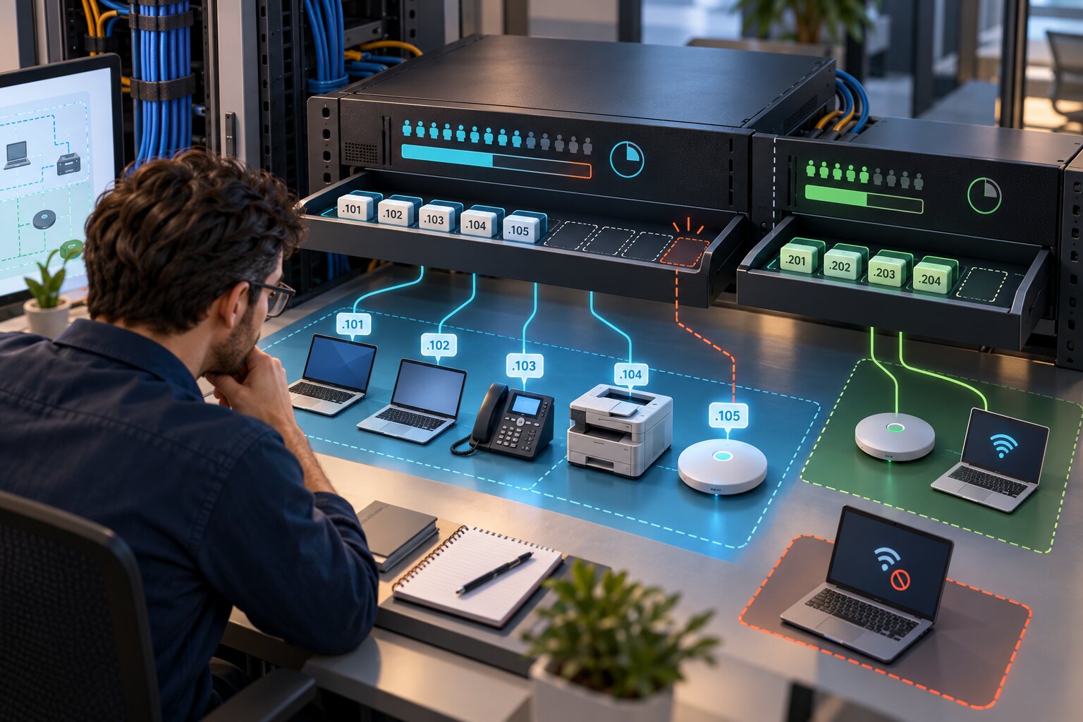 Concept illustration of a network technician reviewing a nearly empty IP address tray while a new office laptop waits for a lease