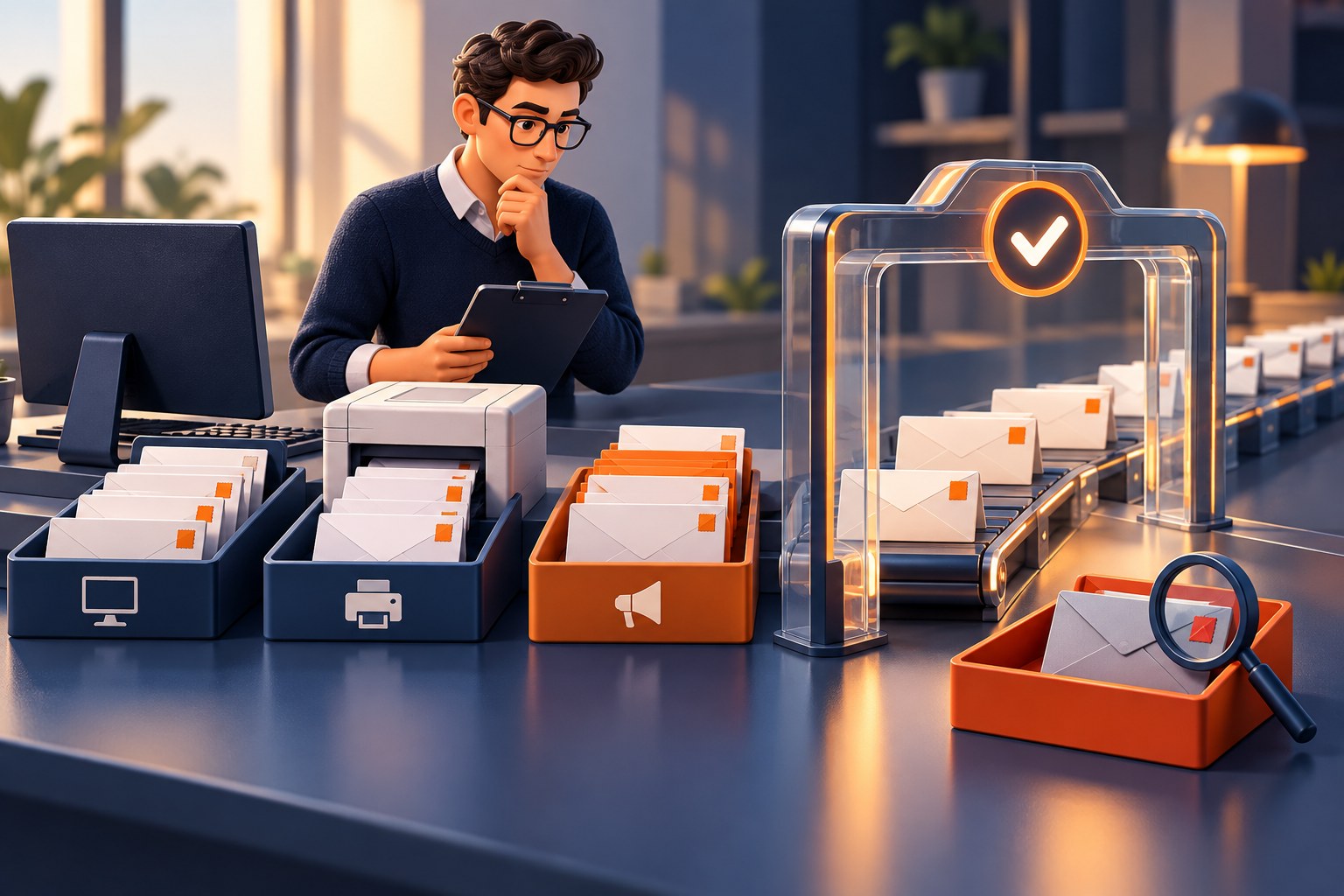 Concept illustration of an administrator reviewing staff, invoicing and marketing mail sources before an email authentication gate