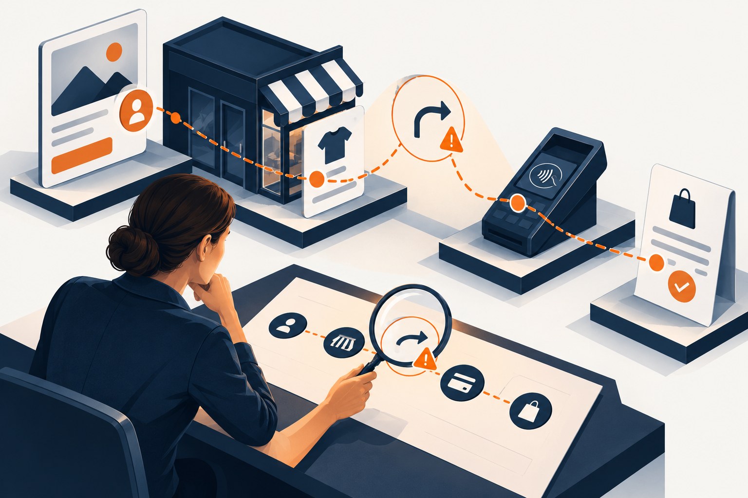 Concept illustration of an analyst tracing a campaign visitor through a storefront and payment step while investigating a misleading referral arrow