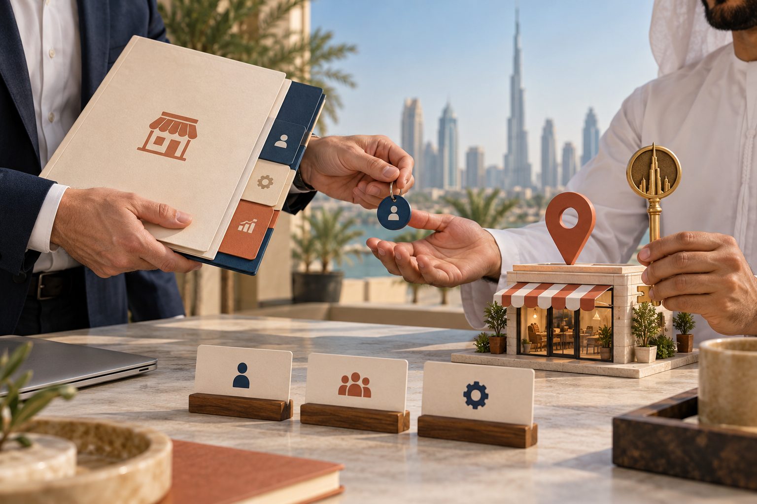 Concept illustration of a business owner retaining a master access key while an agency hands over a local storefront profile