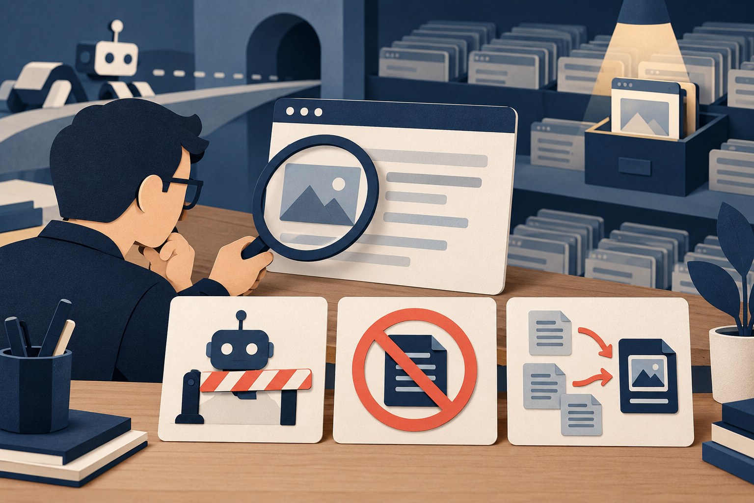 Concept illustration of an editor investigating a webpage with separate crawl restriction, noindex and canonical page controls