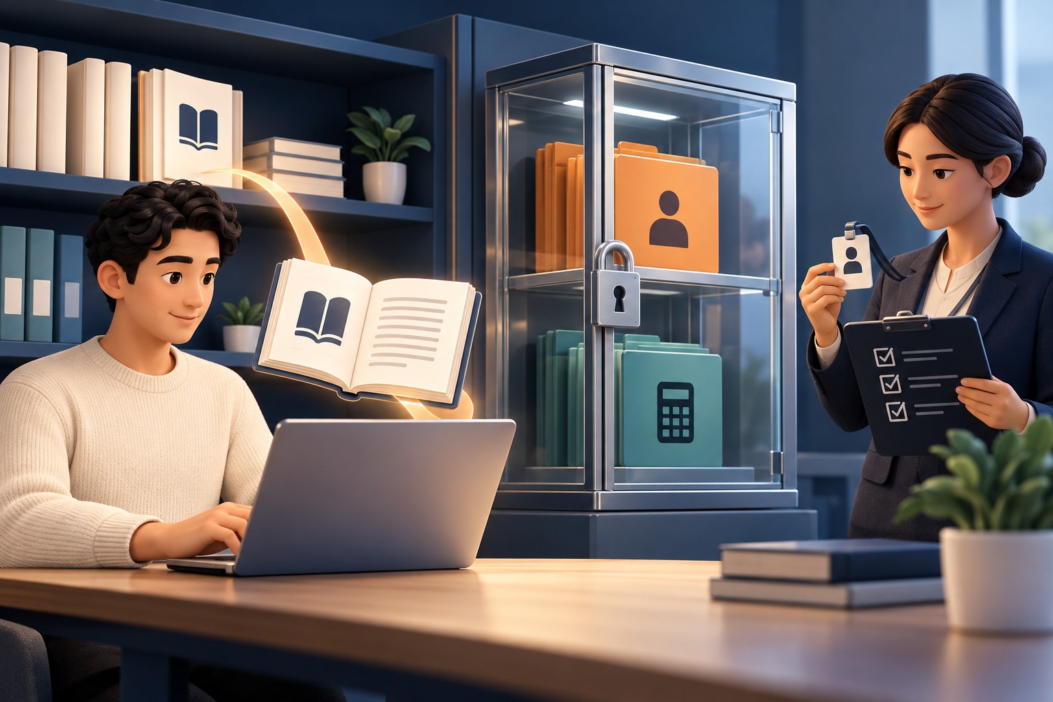 Concept illustration of an employee receiving a general handbook while personnel and finance folders remain in a locked cabinet