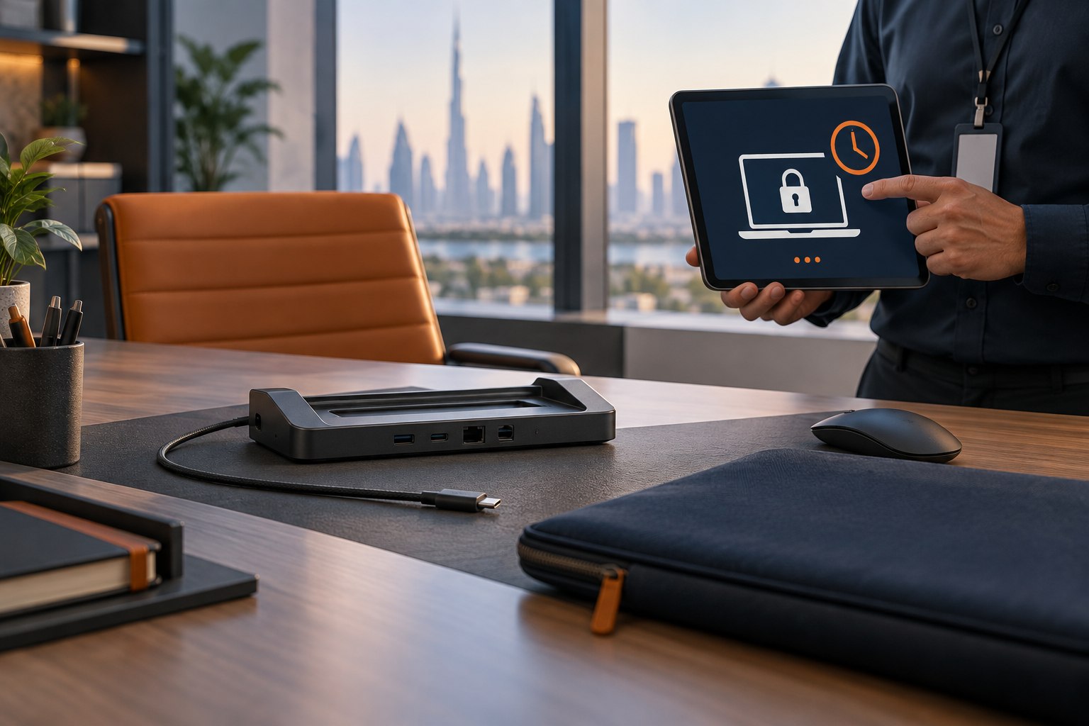 Illustrative empty laptop dock beside a tablet showing a locked laptop and pending-action clock
