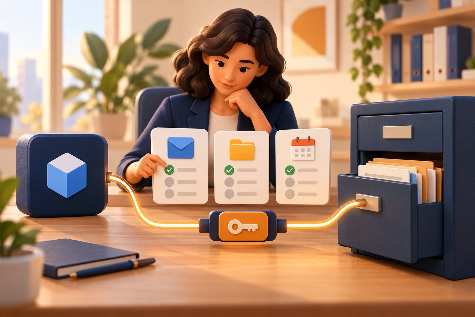 Concept illustration of an analyst reviewing mail, file and calendar permission cards before allowing a third-party application to access business records