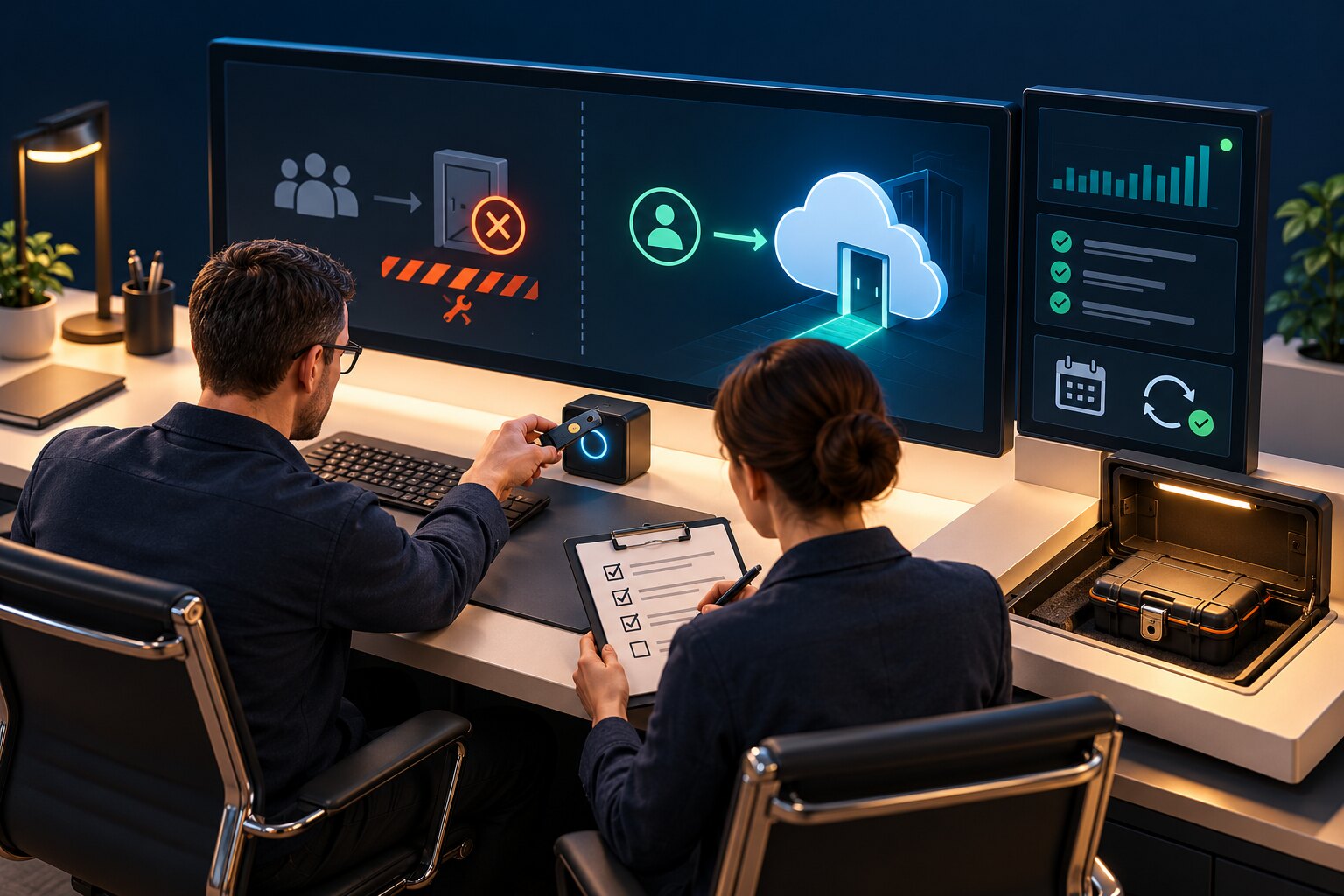 Concept illustration of two authorised administrators testing an independent emergency cloud access route and securing a backup credential