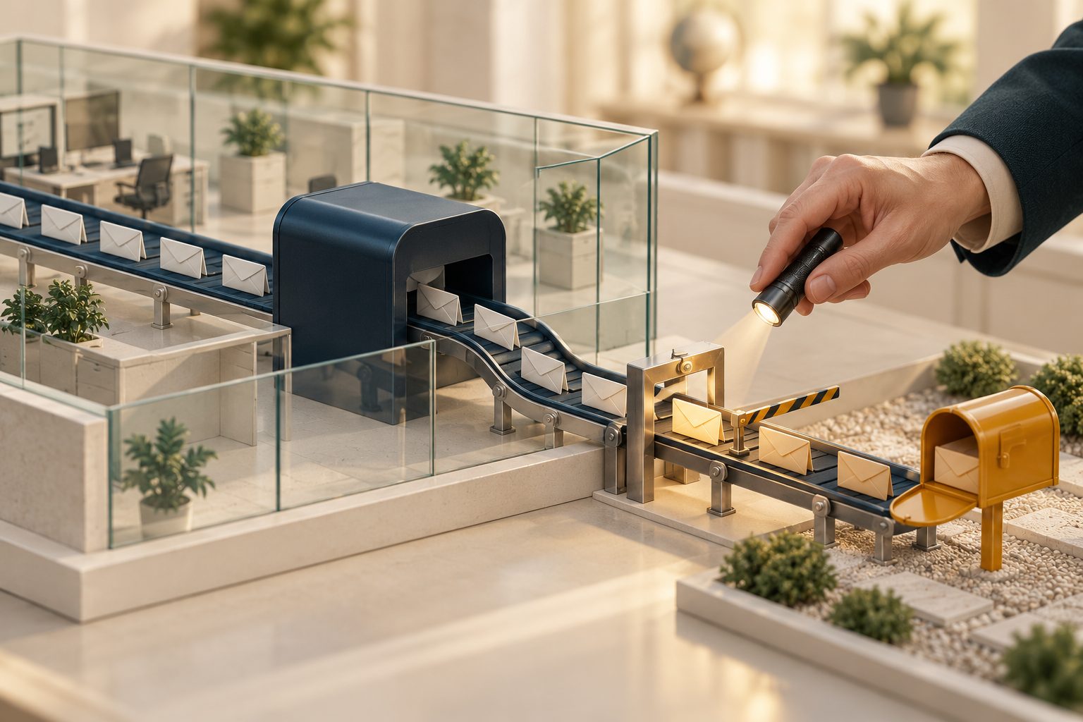 Concept illustration of an administrator checking a business mailbox route toward an external address at a controlled boundary