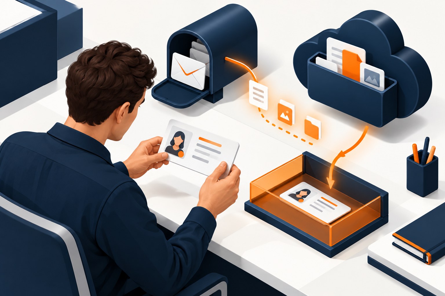 Concept illustration of an administrator reviewing a licence card alongside mailbox and cloud-file dependencies