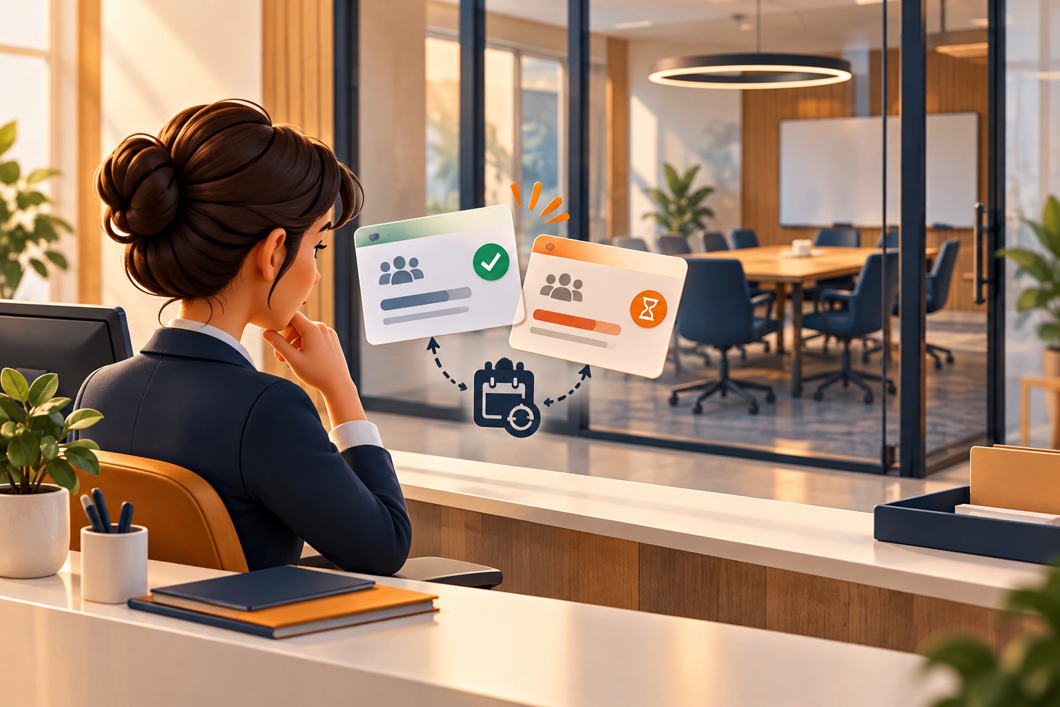 Concept illustration of an office administrator comparing two overlapping meeting-room reservations beside a glass conference room