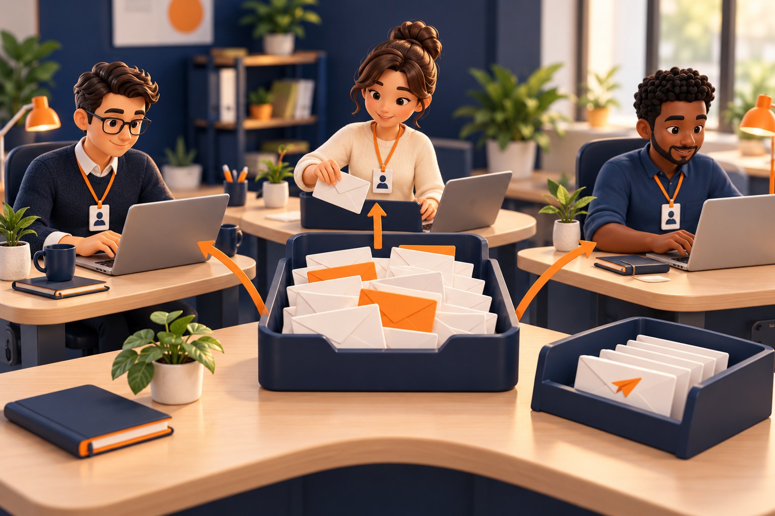 Illustration of three individually identified staff sharing a central mail tray and a separate sent-mail tray