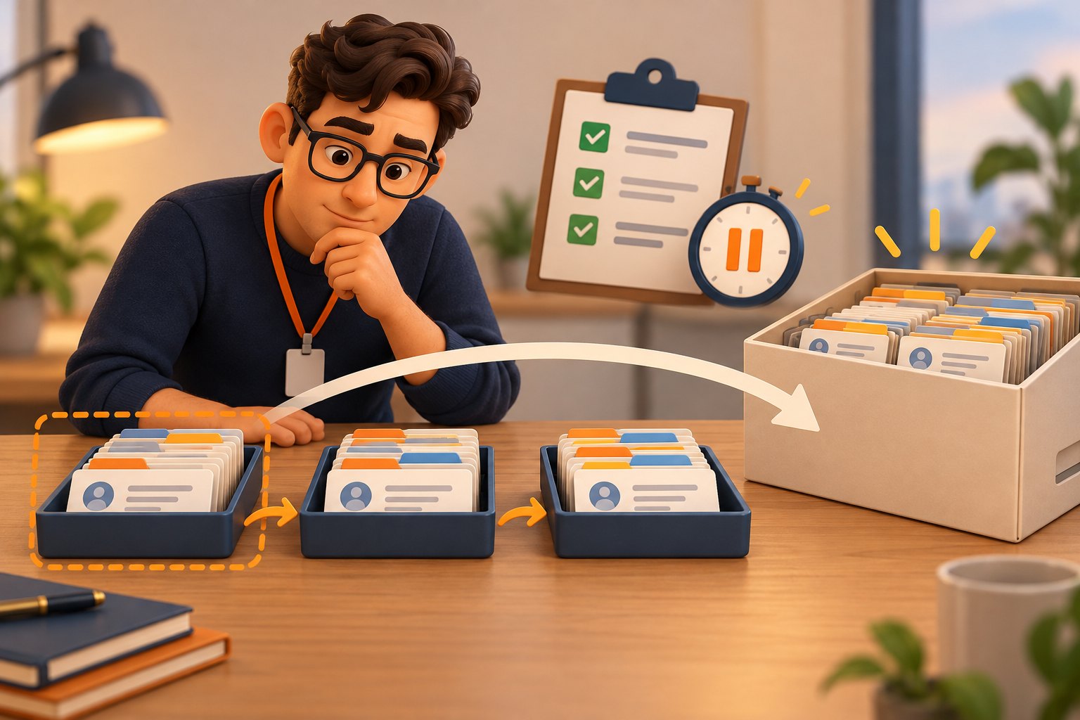 Concept illustration of an engineer comparing one tray of exported records with a complete archive assembled from three continuation-linked trays