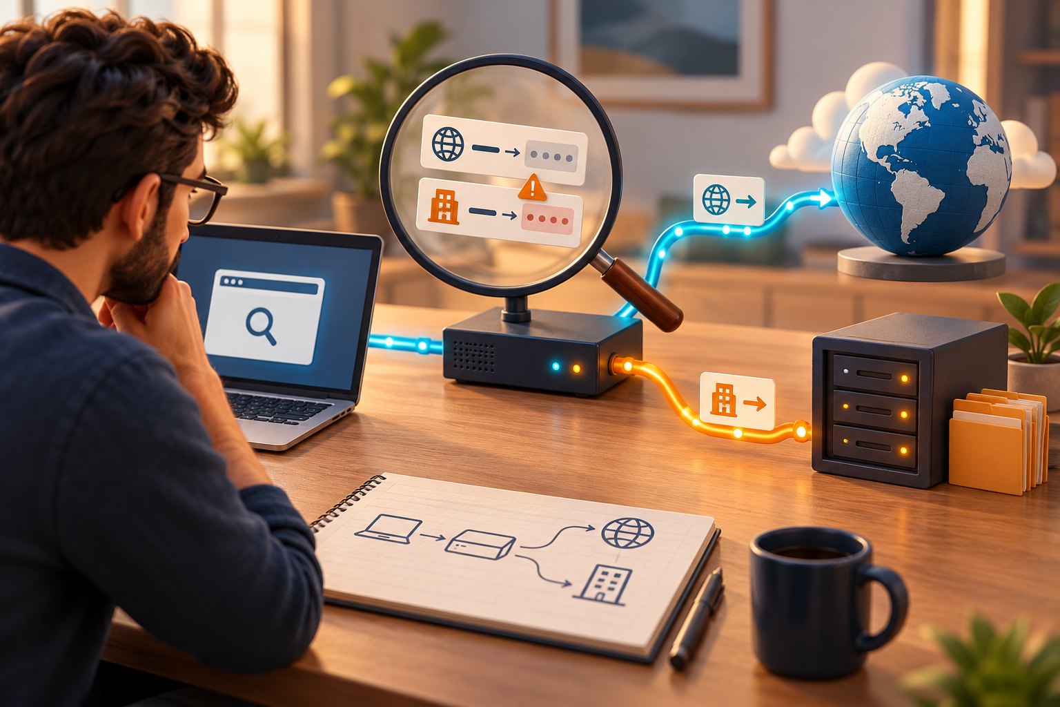 Concept illustration of an engineer inspecting name-to-address cards at an office resolver with separate public website and internal file-server paths