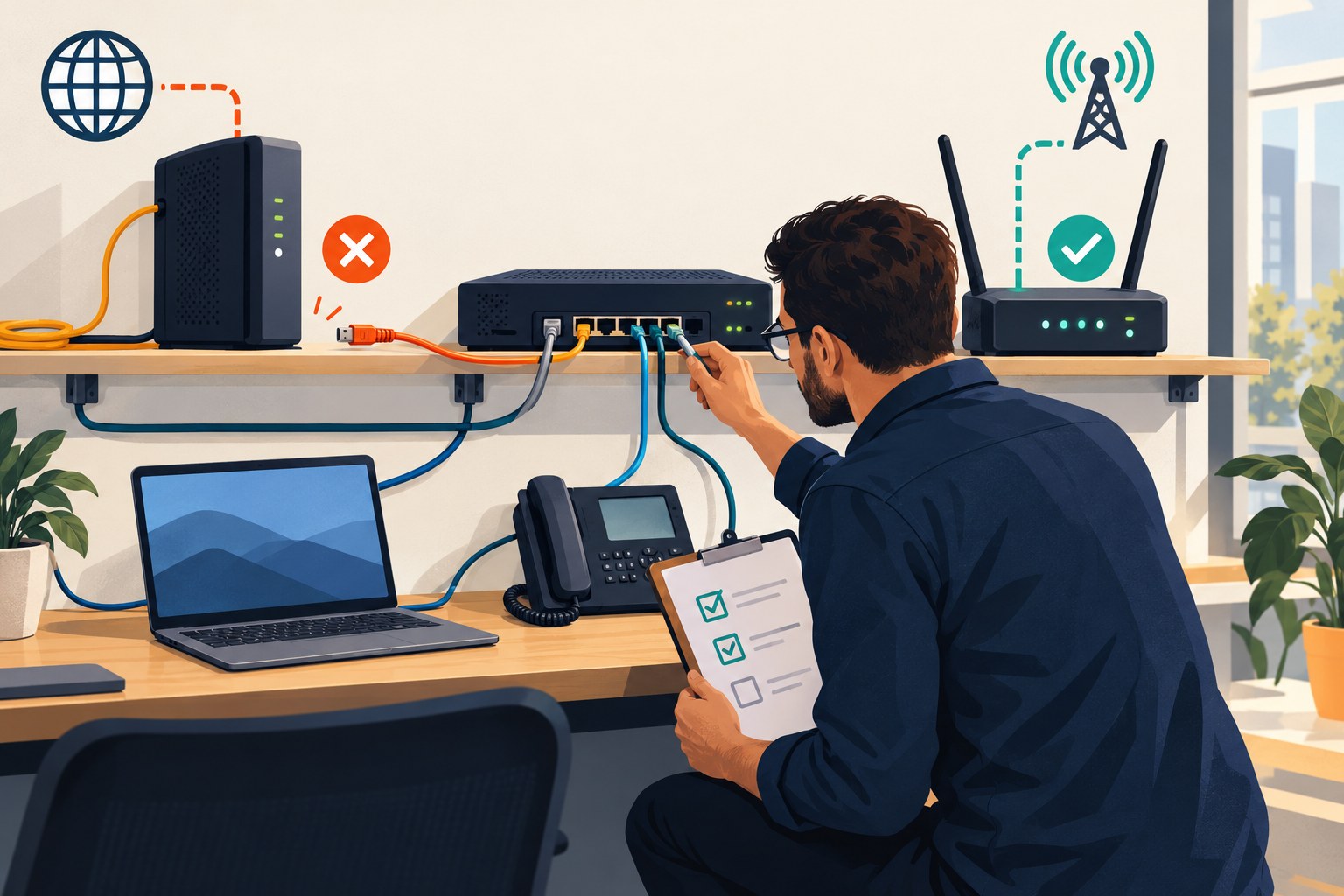 Concept illustration of an engineer testing an office gateway with an unavailable primary modem and an active cellular backup path