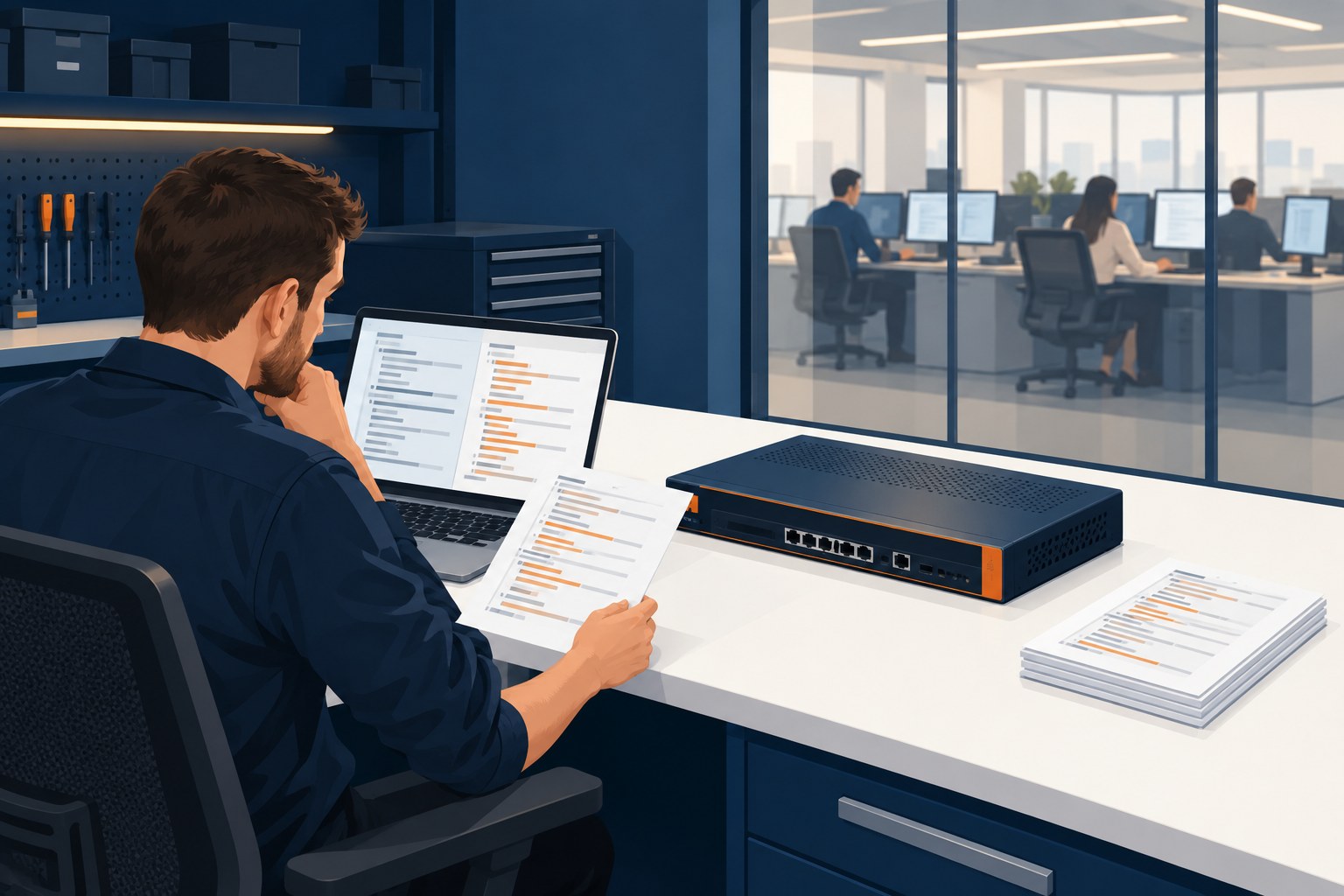 Concept illustration of an engineer comparing saved network configuration with an unplugged replacement gateway on a separate test bench
