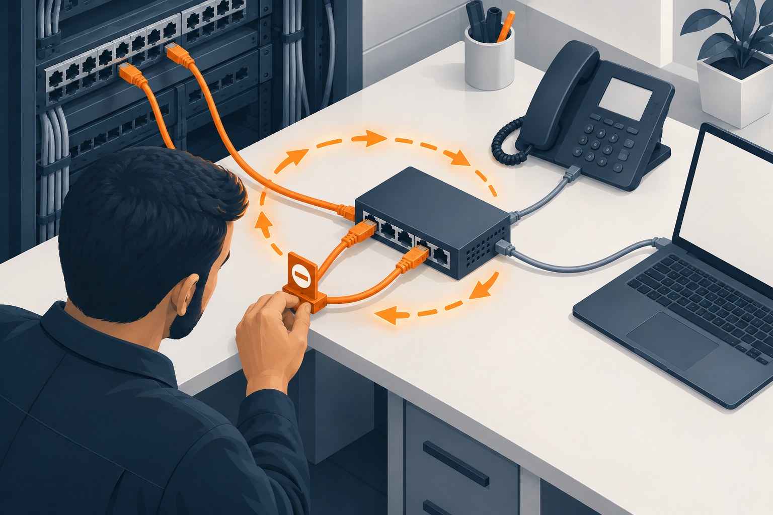 Concept illustration of an engineer inspecting a desk switch with an unwanted redundant cable path and a protective stop checkpoint