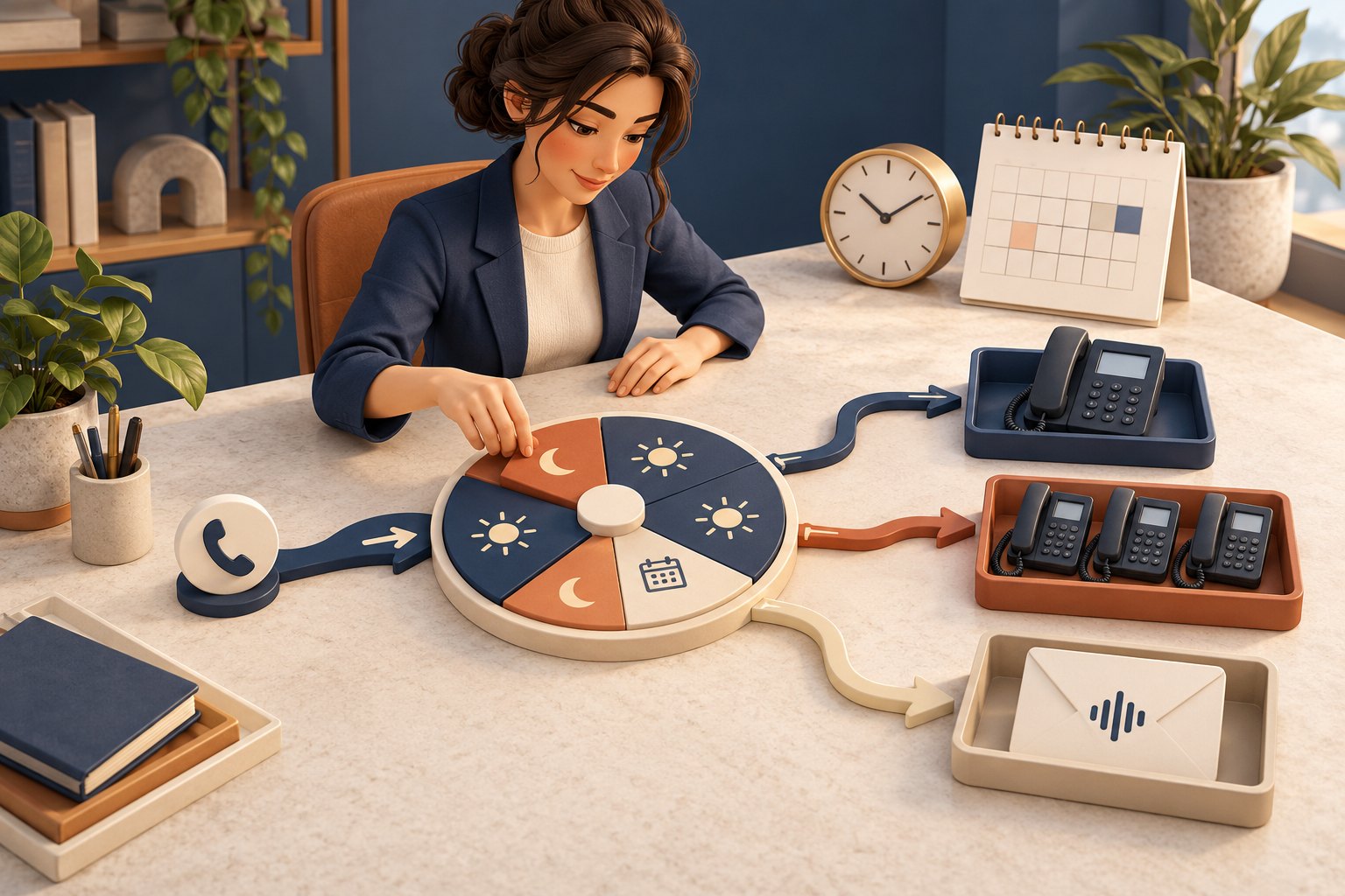 Concept illustration of an office manager tracing an incoming call through a schedule wheel to a receptionist phone, team phones or a voicemail tray