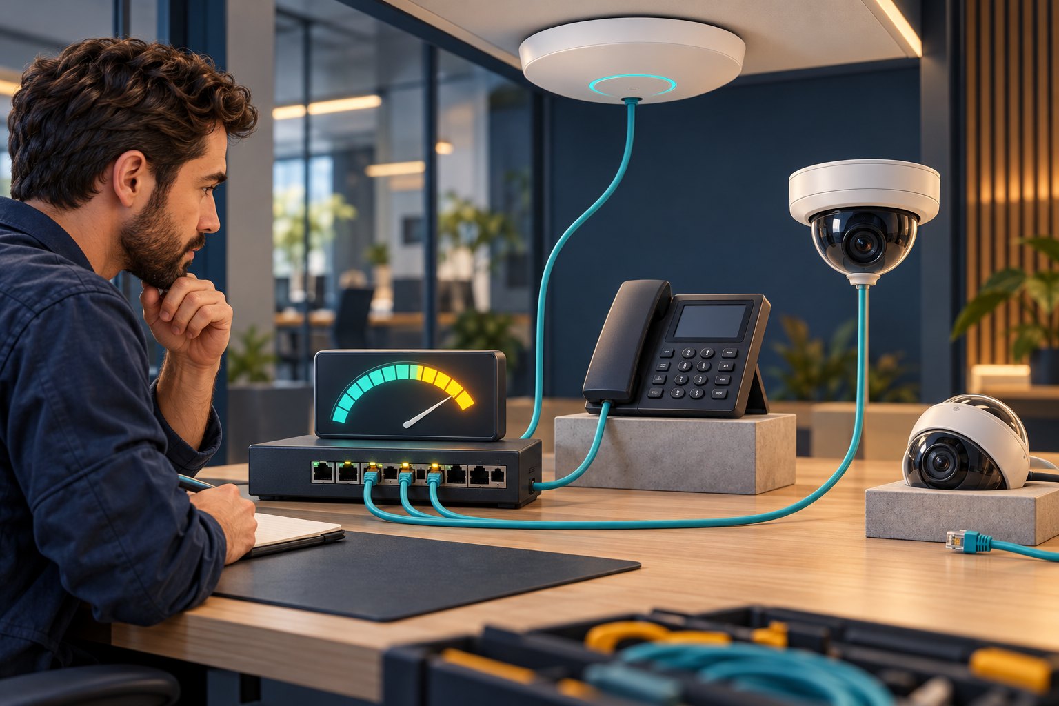 Concept illustration of a technician comparing a switch power gauge with connected access point, phone and camera while another camera awaits capacity