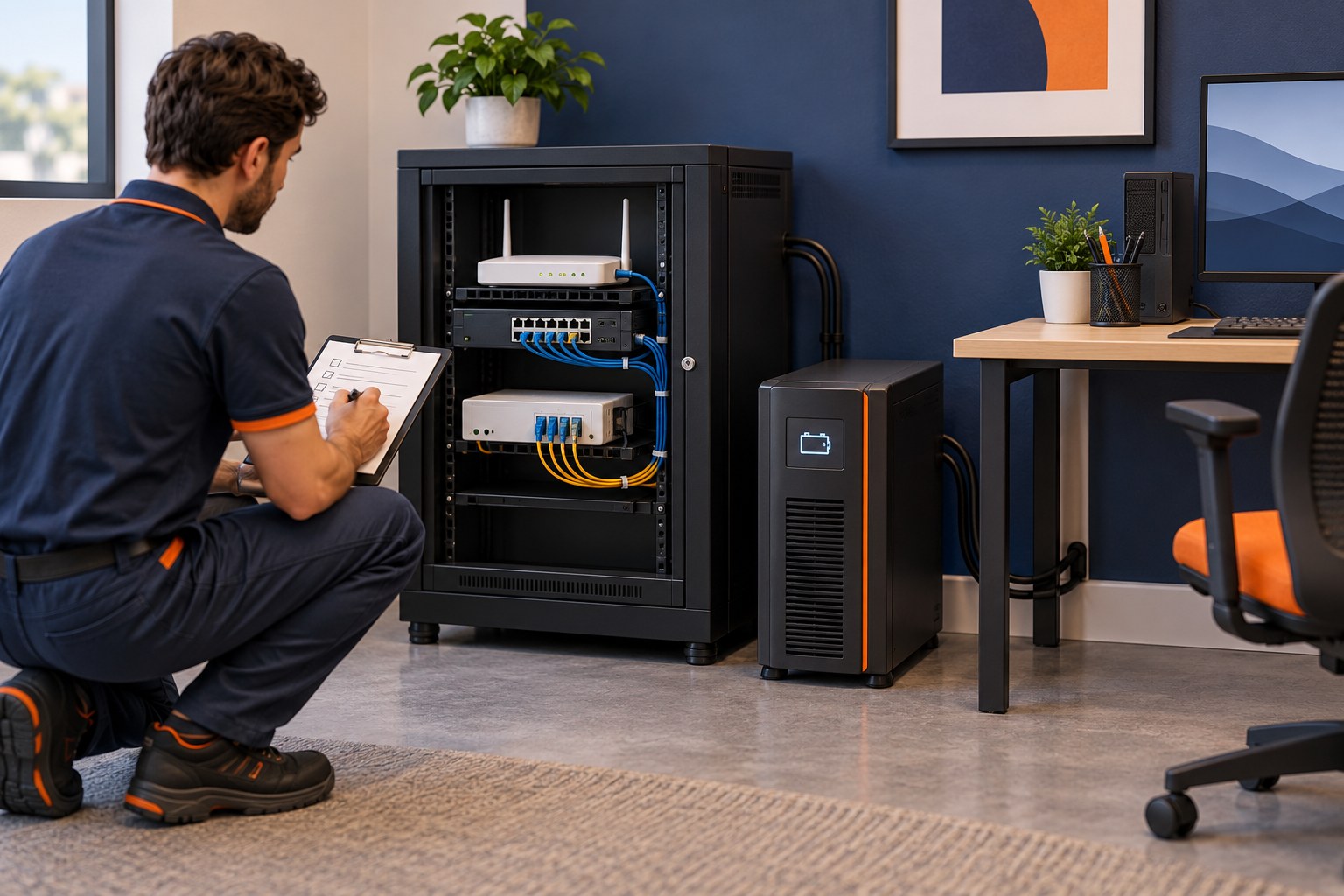 Illustration of a technician checking a UPS beside office network equipment and a workstation