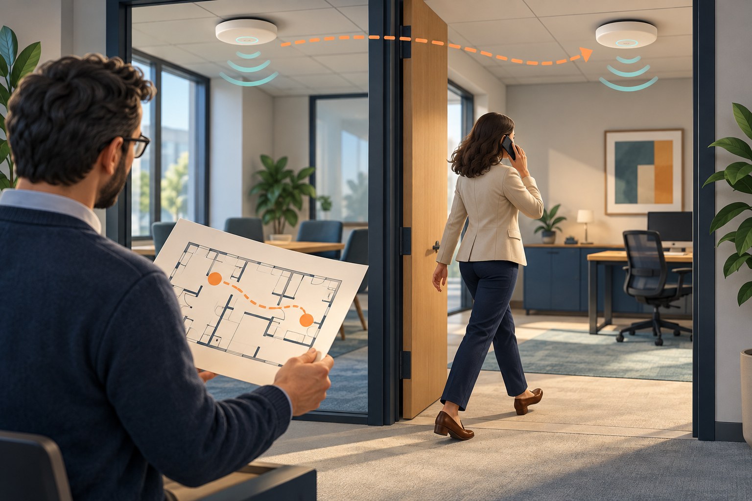 Illustration of a phone user walking between rooms with two ceiling access points while a technician checks the route on a floor plan