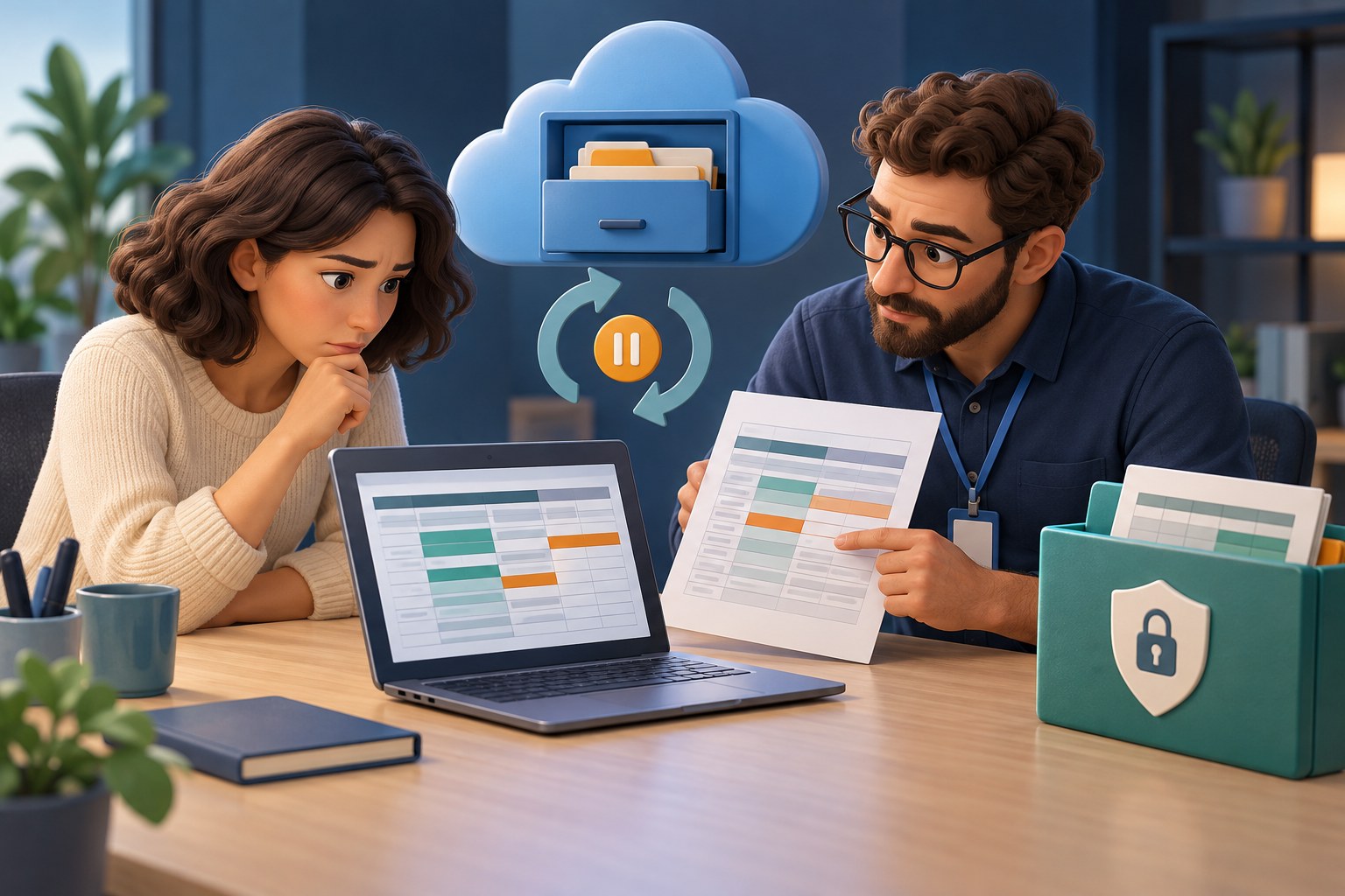 Concept illustration of two colleagues comparing spreadsheet versions while a protected folder preserves unsynced work