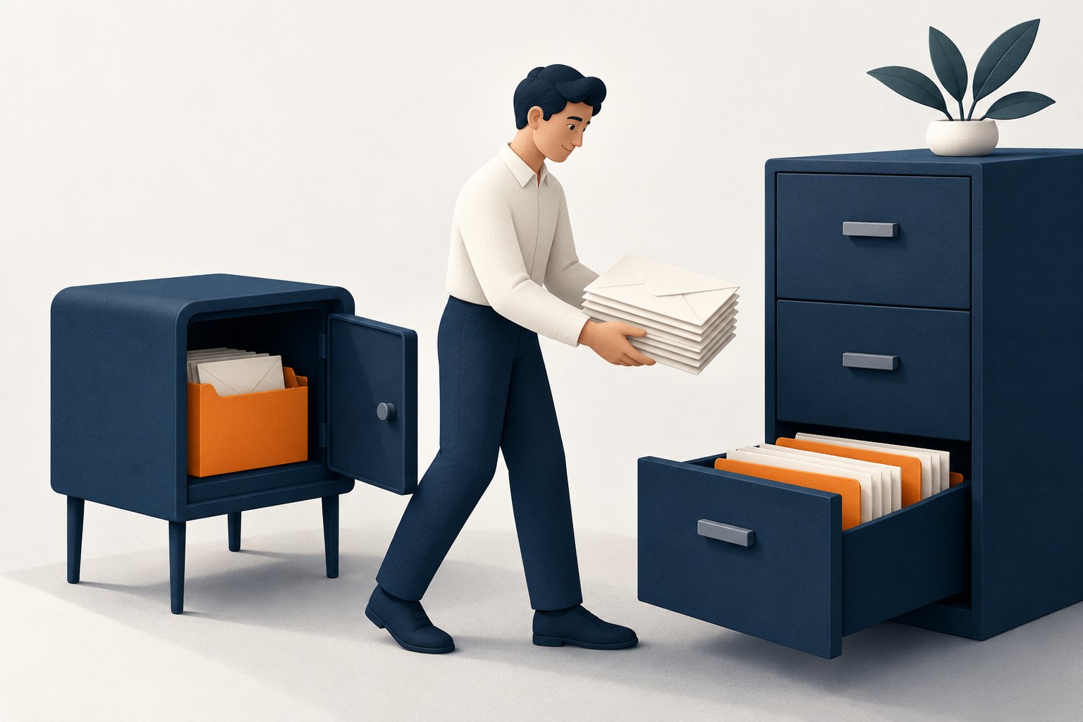 Concept illustration of an administrator moving envelopes from a primary mailbox cabinet to a separate archive cabinet
