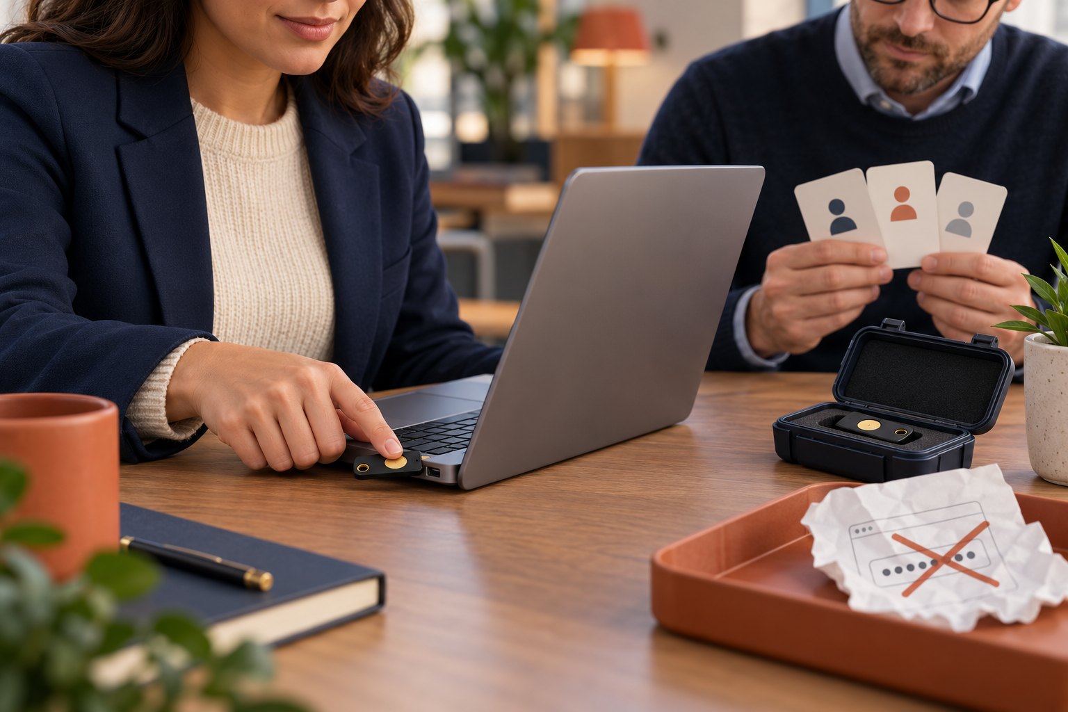 Concept illustration of a worker touching a USB security key connected to a laptop while an administrator reviews pilot user cards beside a secured spare key