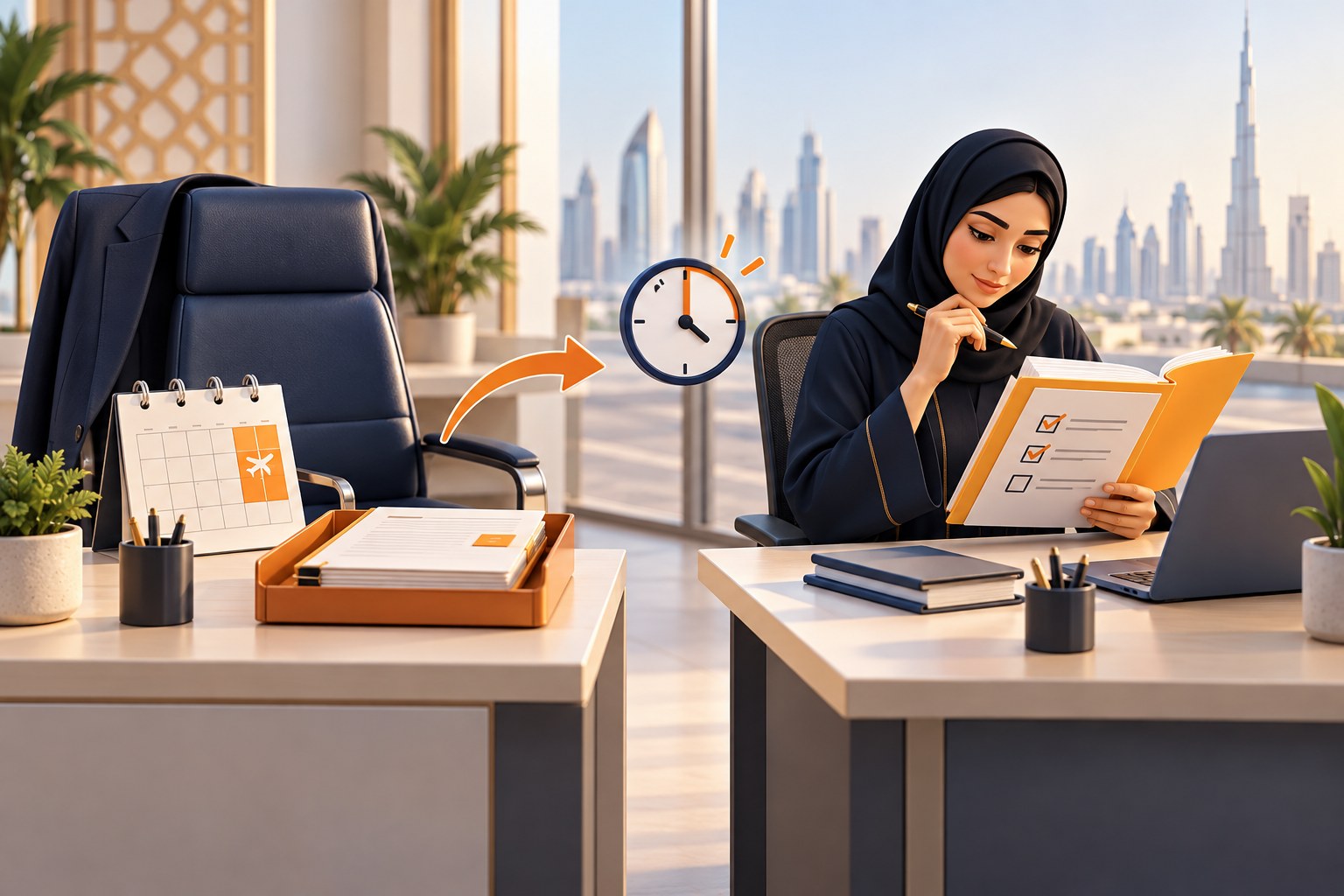 Illustration of an absent manager’s waiting request tray and an authorised colleague reviewing a folder beside a clock