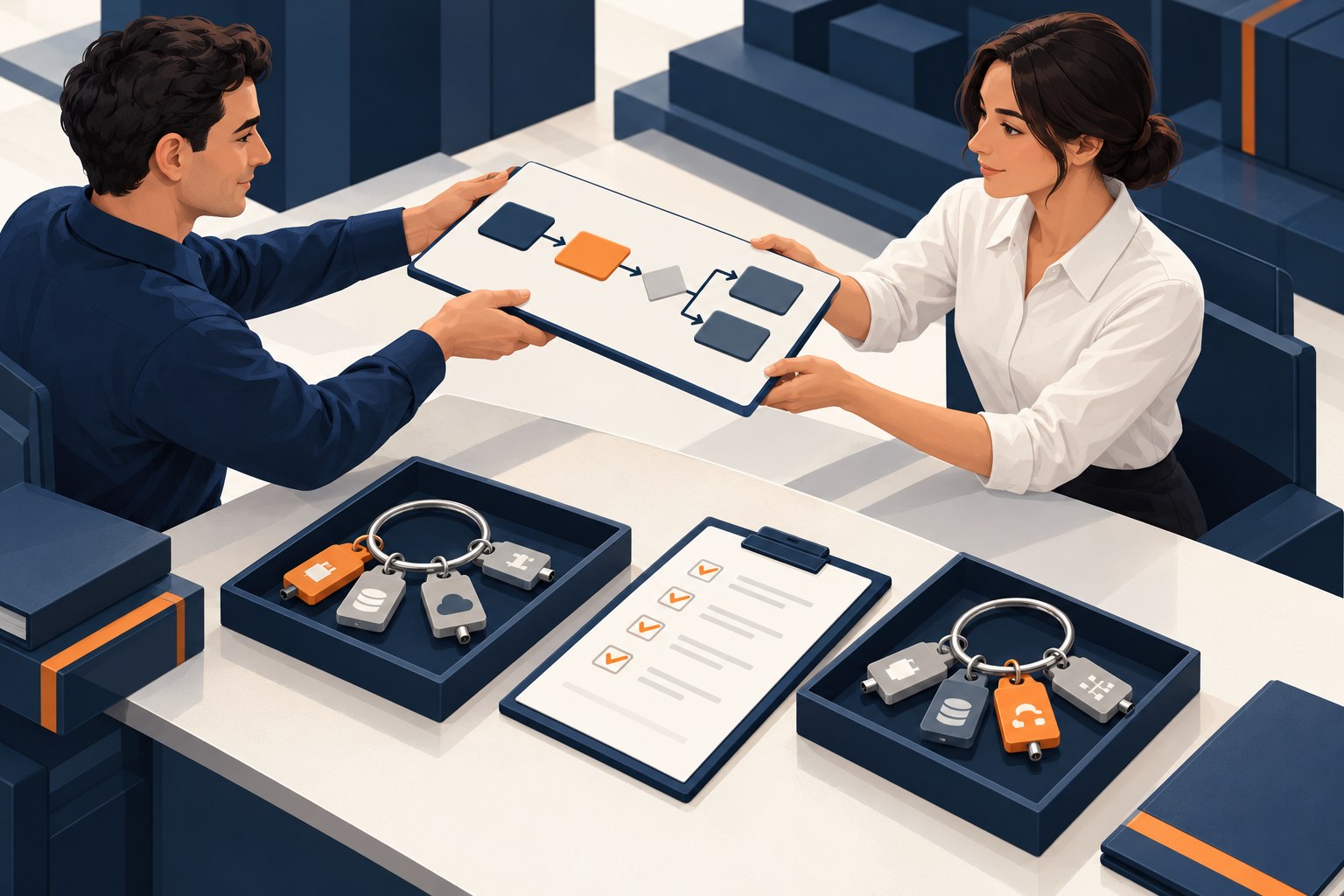 Two colleagues handing over a workflow board while separate connector keyrings and a checklist represent connection identity review
