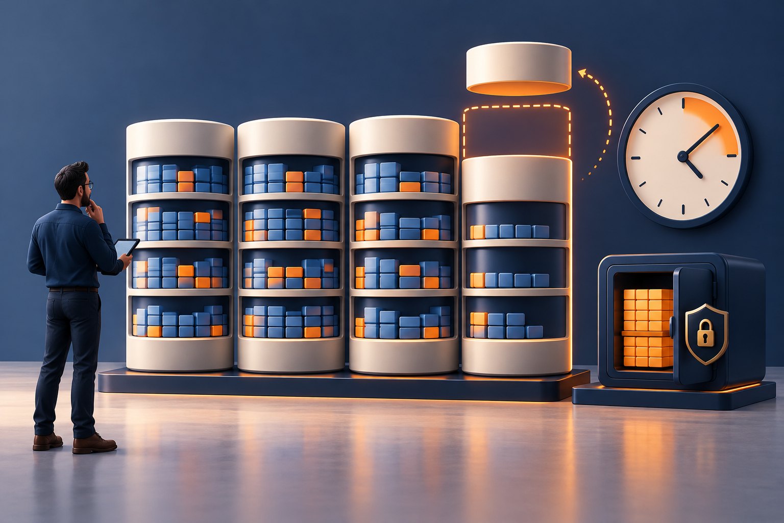 Concept illustration of an engineer reviewing filling database cylinders, limited expansion headroom and a clock beside a protected archive