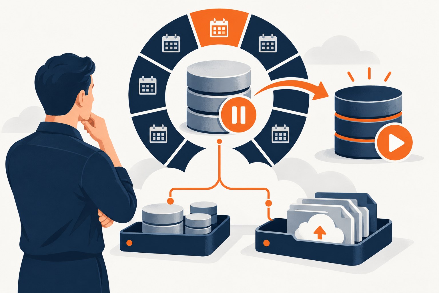 Concept illustration of a paused cloud database returning to a running state beside a weekly calendar and retained storage
