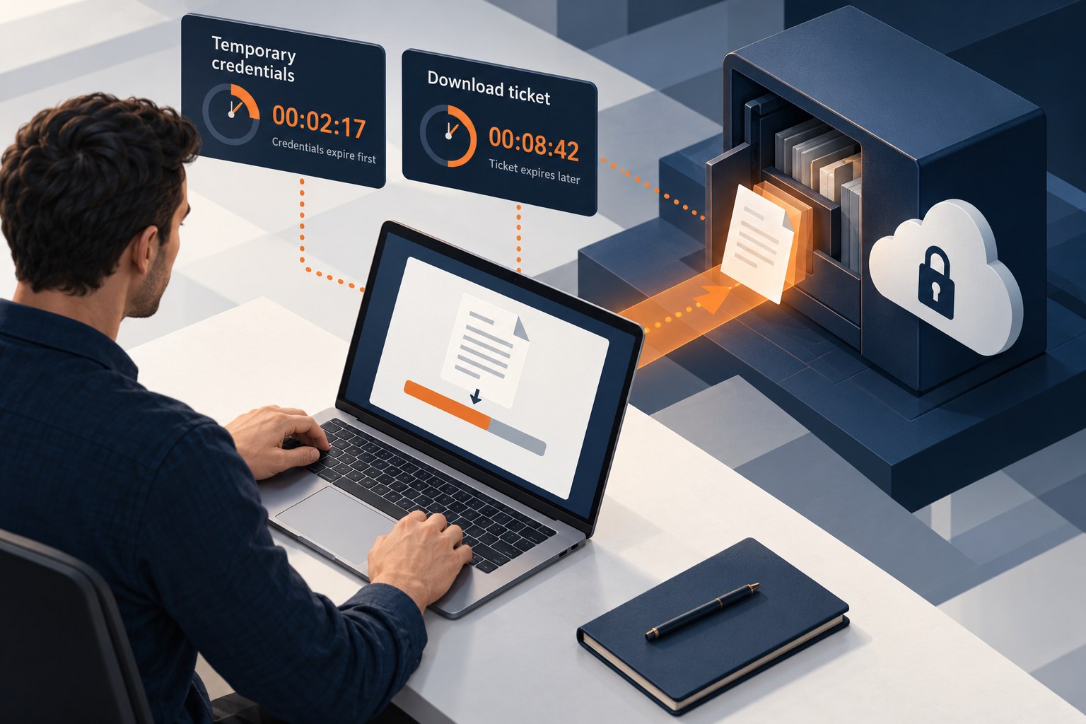 Concept illustration comparing temporary credential and download-ticket expiry while a user downloads a document from private cloud storage