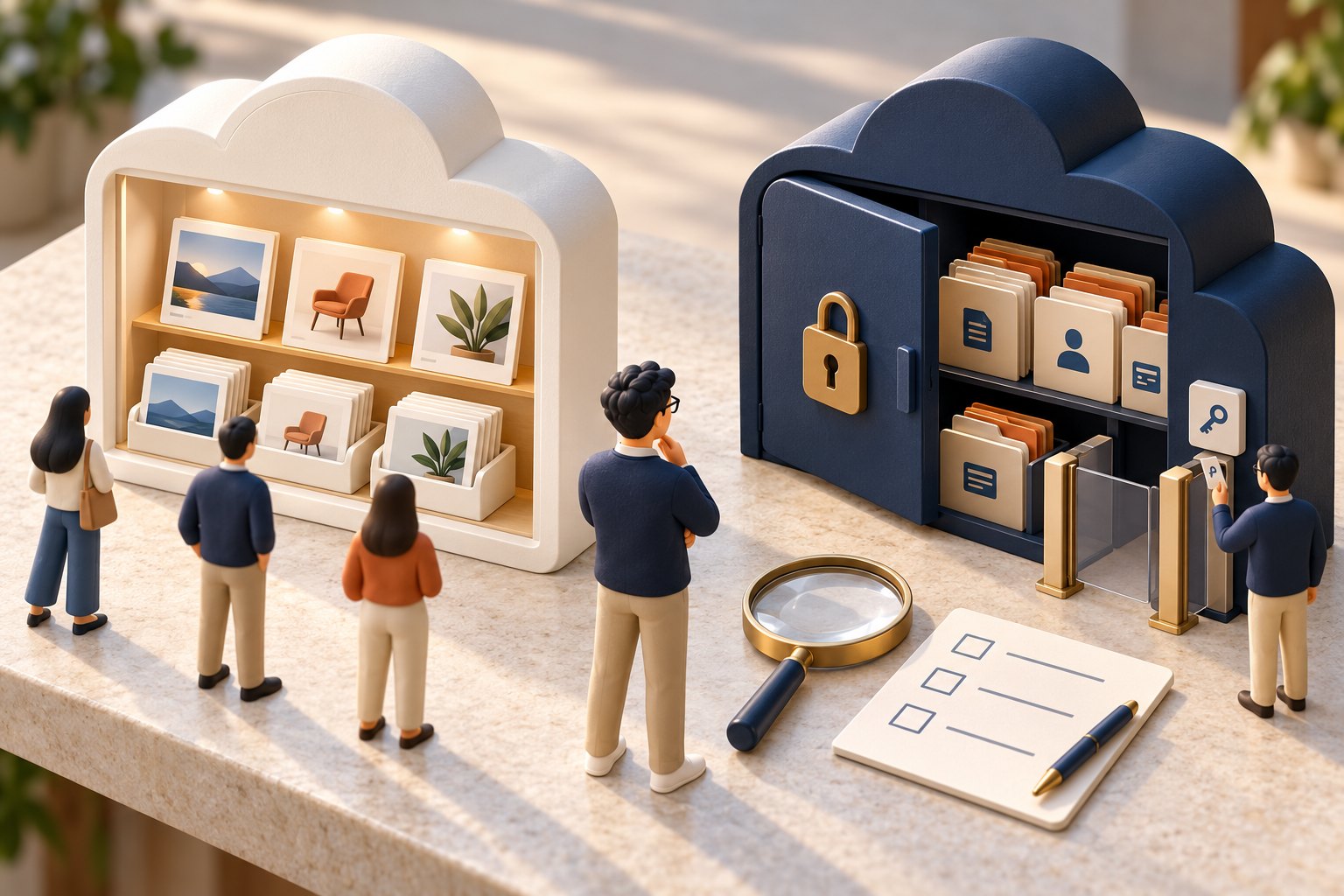 Concept illustration contrasting public brochure and product-photo storage with a locked business-document cabinet and a controlled application access gate