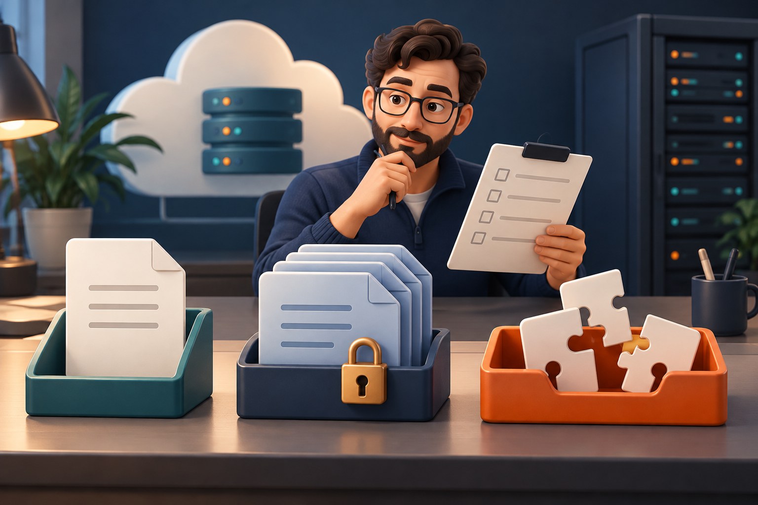 Illustration of a cloud administrator reviewing current documents, protected historical copies and incomplete upload pieces