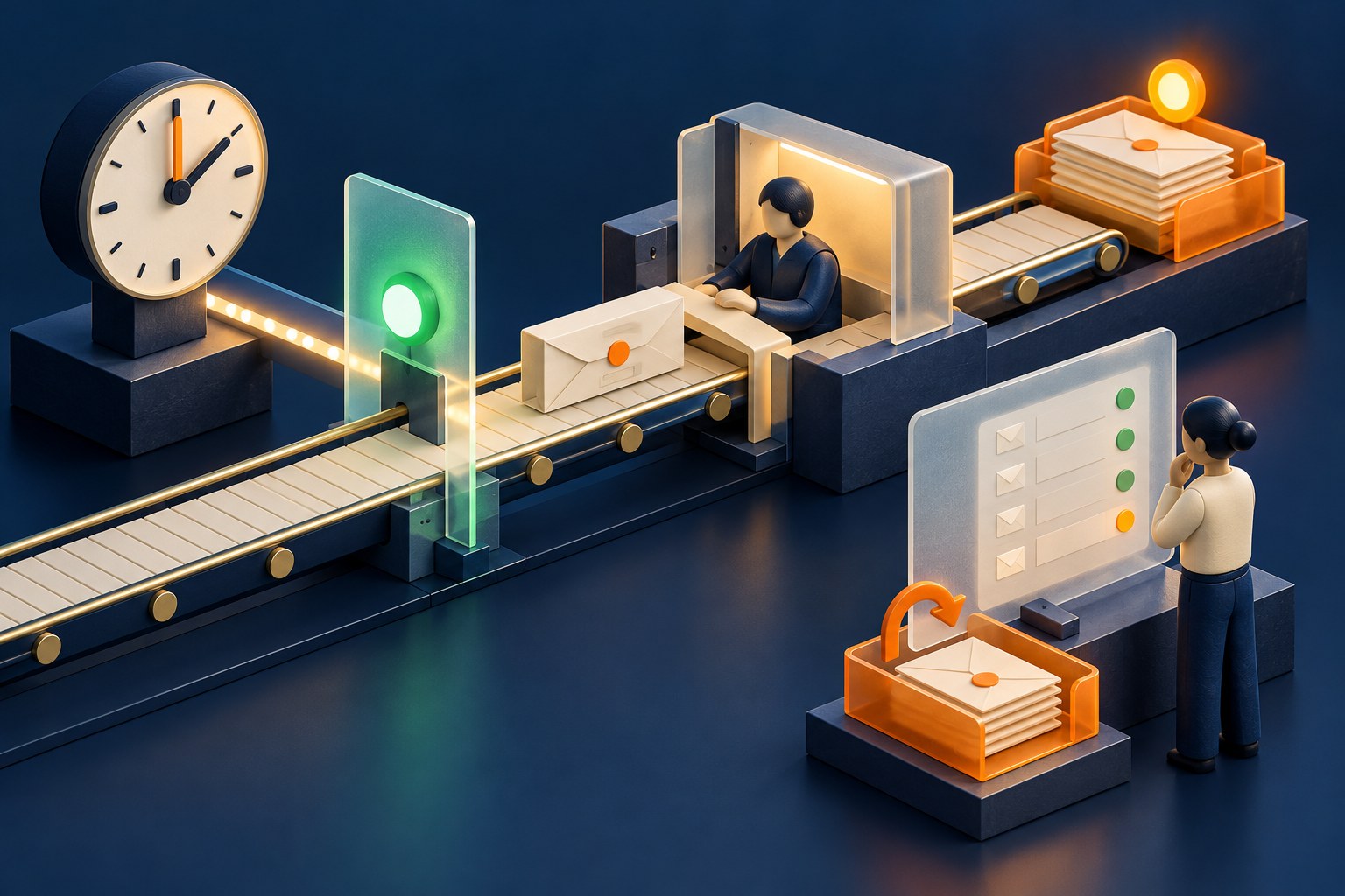 Concept illustration of a clock-driven task dispatcher with a green delivery checkpoint and a separate unfinished-report tray under review
