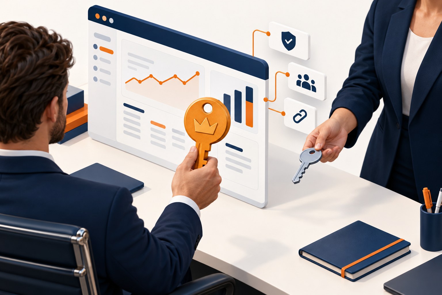 Concept illustration of a company owner retaining a master key while a departing agency returns a smaller key beside verification tags