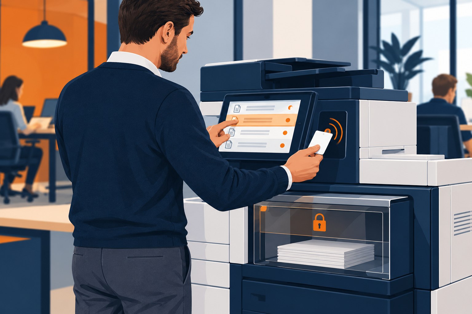Concept illustration of an employee releasing held documents at a shared office printer