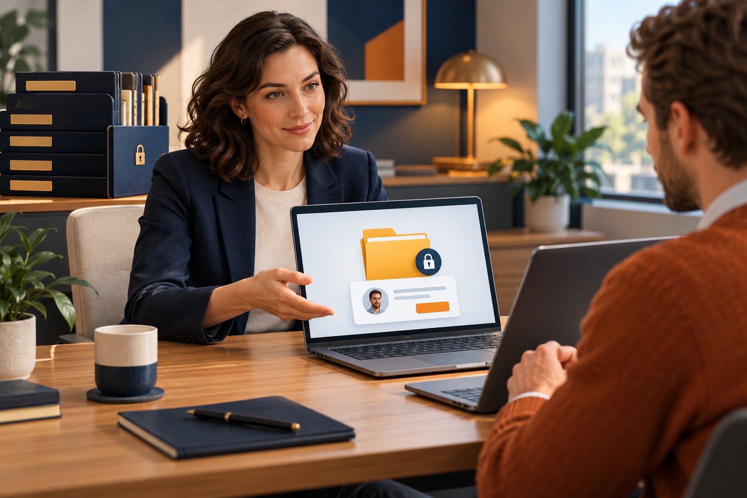 Illustrative client handover with a restricted-access folder and separate internal documents