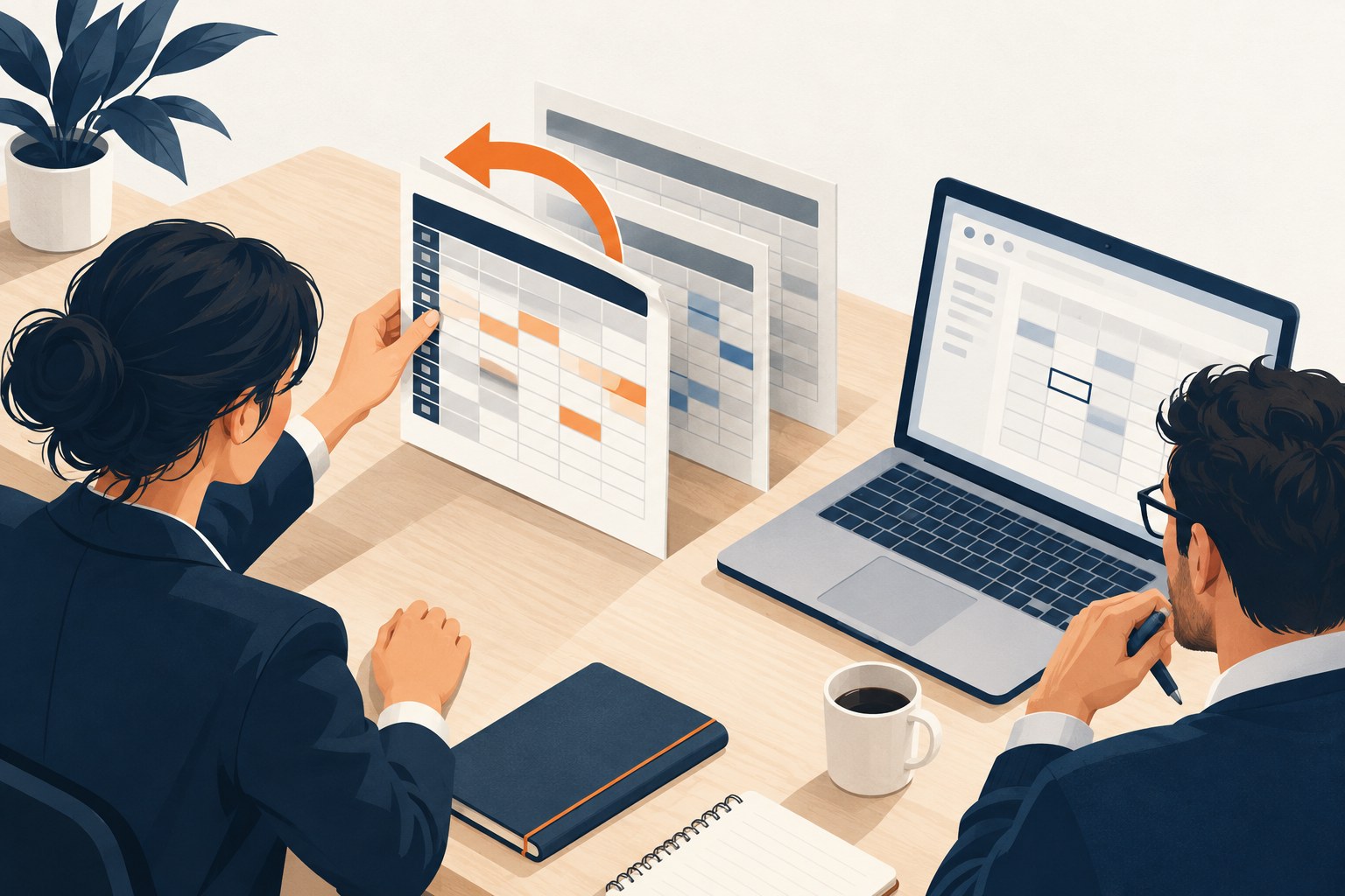 Concept illustration of colleagues selecting an earlier spreadsheet version from layered document sheets beside a laptop